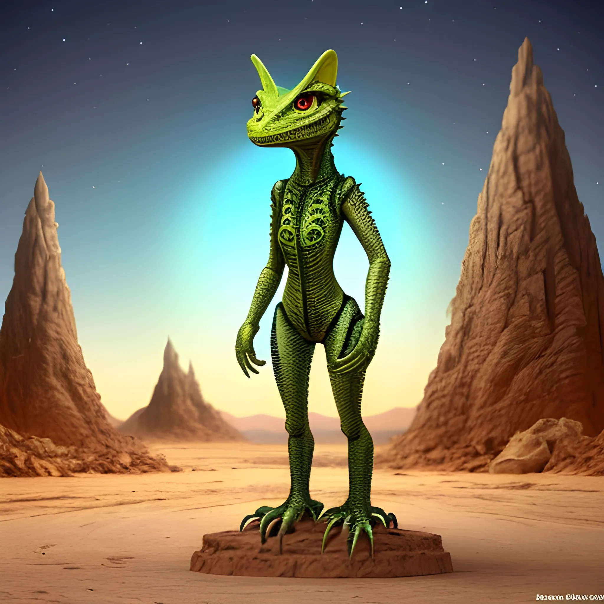 An alien lizardcat with hair in a desert planet underground city where they have evolved to stand upright and use implants and underground city wide WiFi , 3D