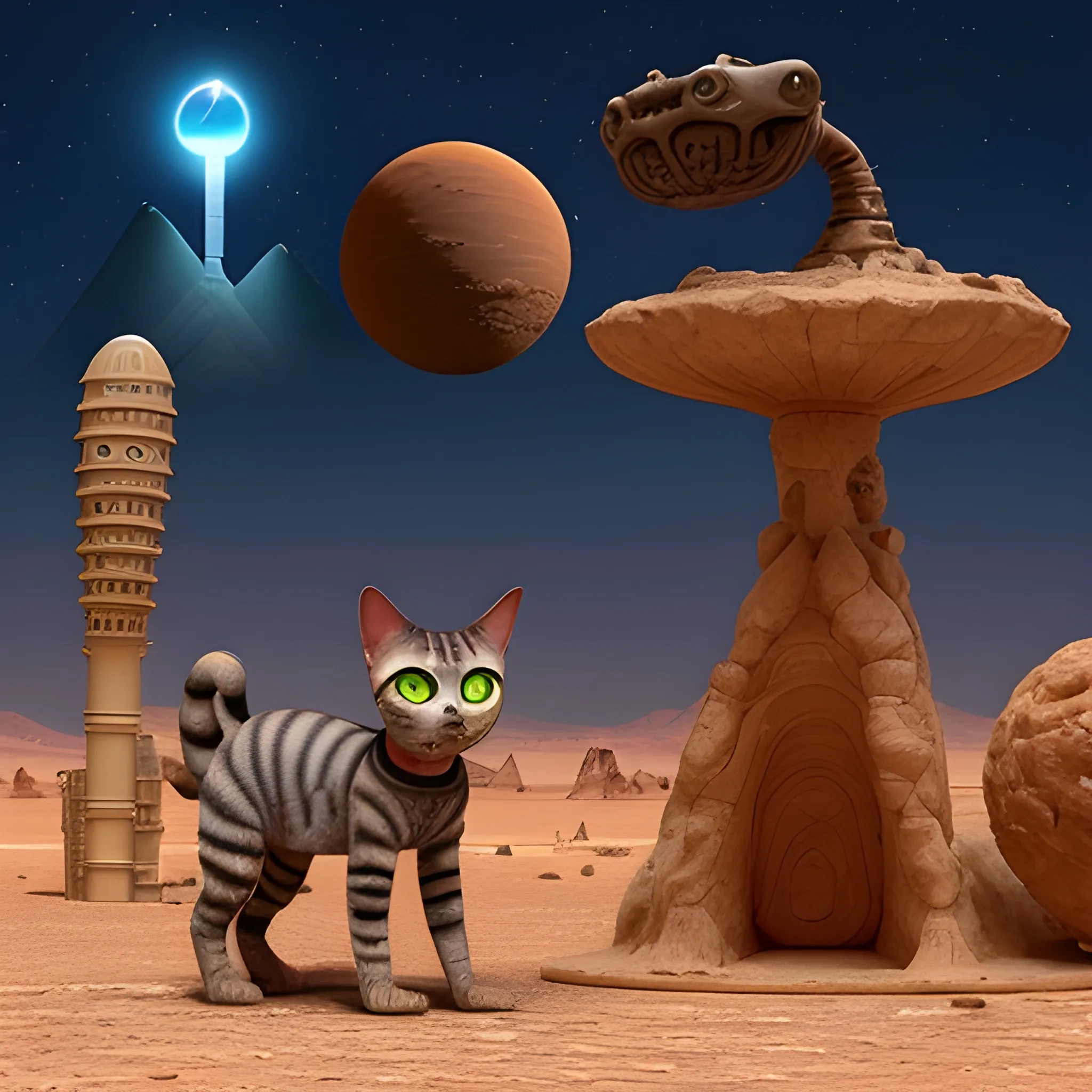 An alien cat on a desert planet underground city where they have evolved to stand upright and use implants and underground city wide WiFi , 3D