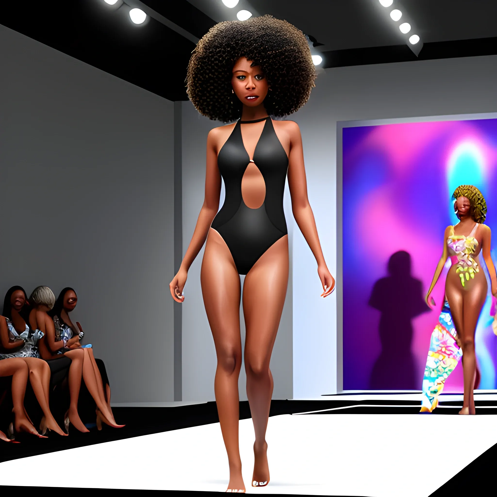 , 3D, black woman, swimsuit, on a fashion show


