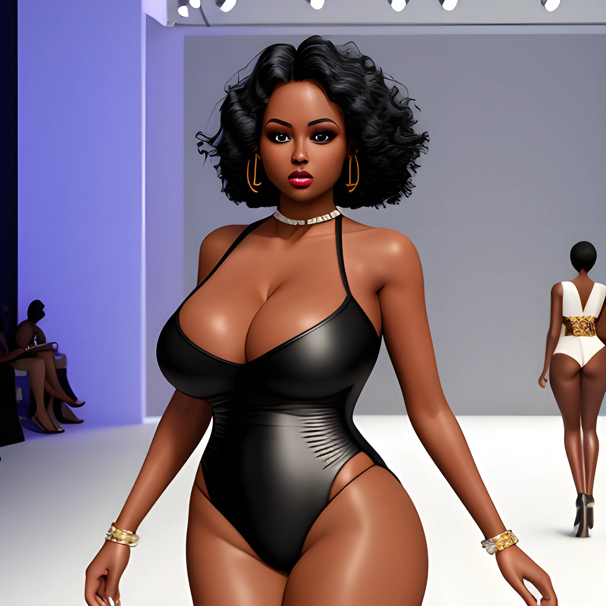 , 3D, black woman, big breasts, swimsuit, on a fashion show


