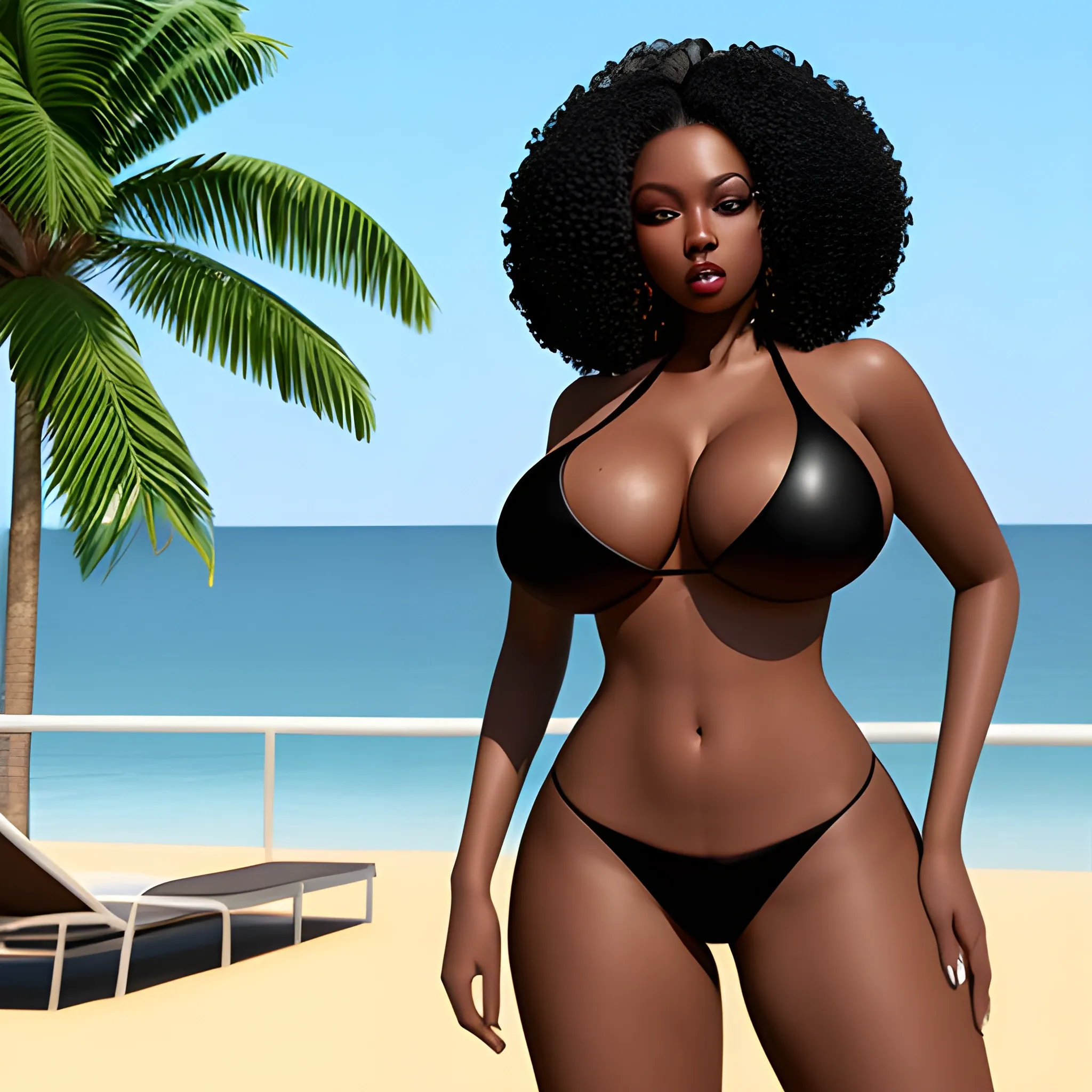 , 3D, black woman, big breasts, big butt, bikini, on a fashion photoshoot show


