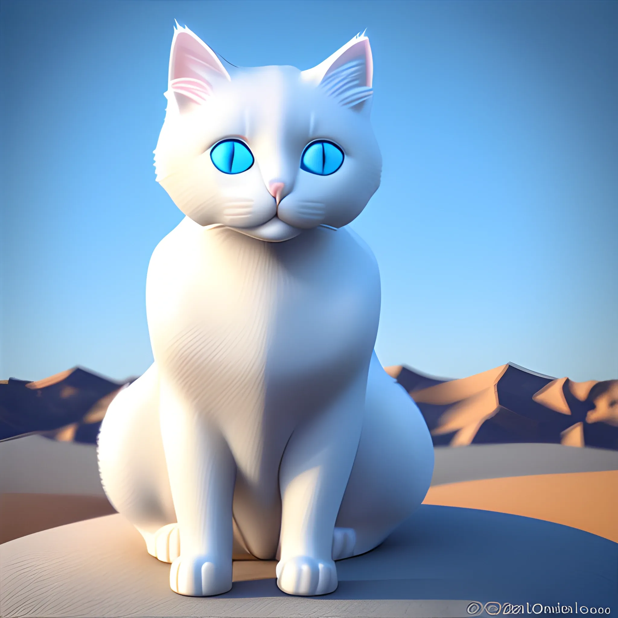 cat, 3D, white, fluffy, blue eyed, in the desert