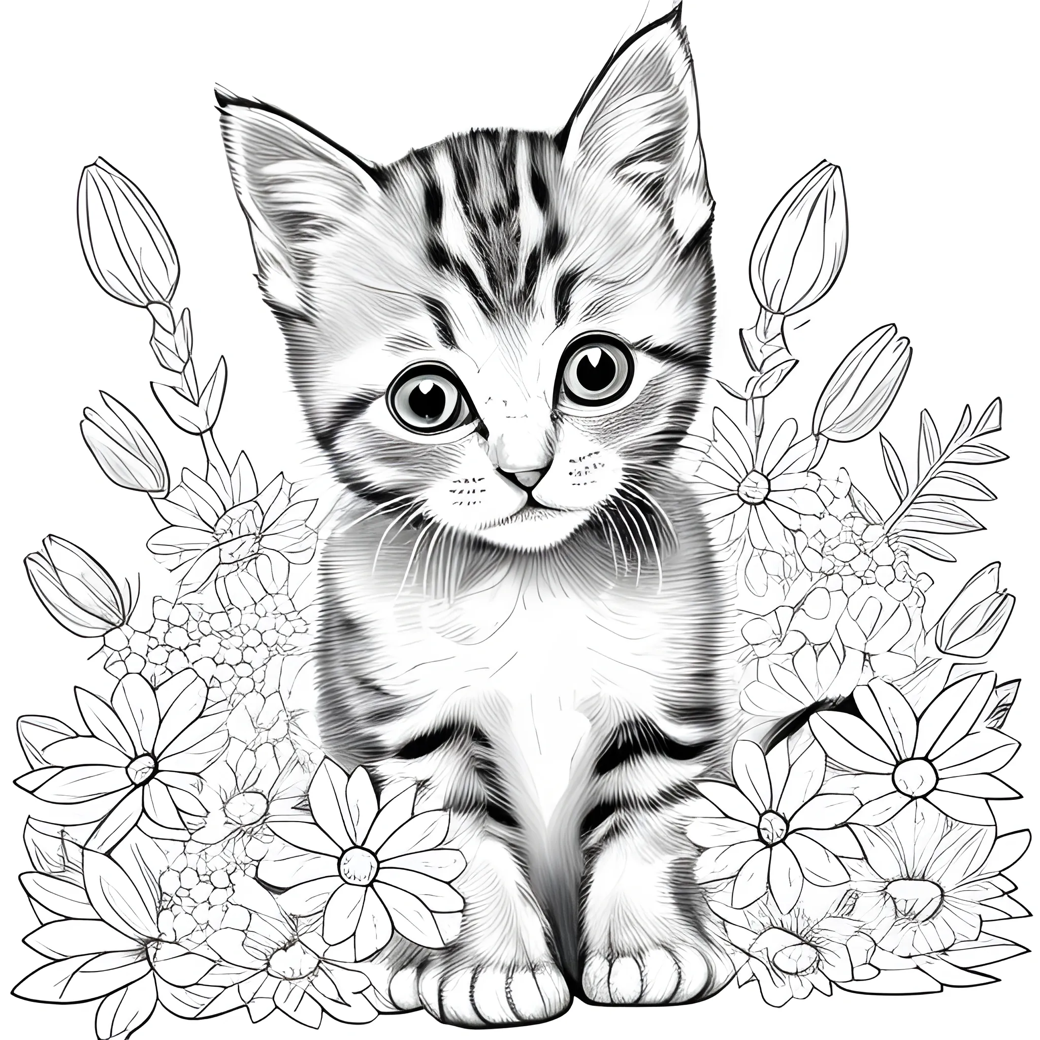 line art of a kitten with flowers