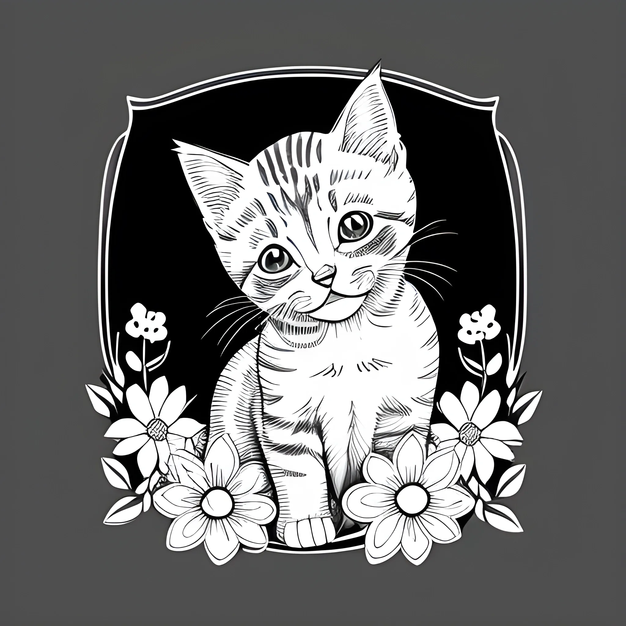 line art of a kitten with flowers for coloring