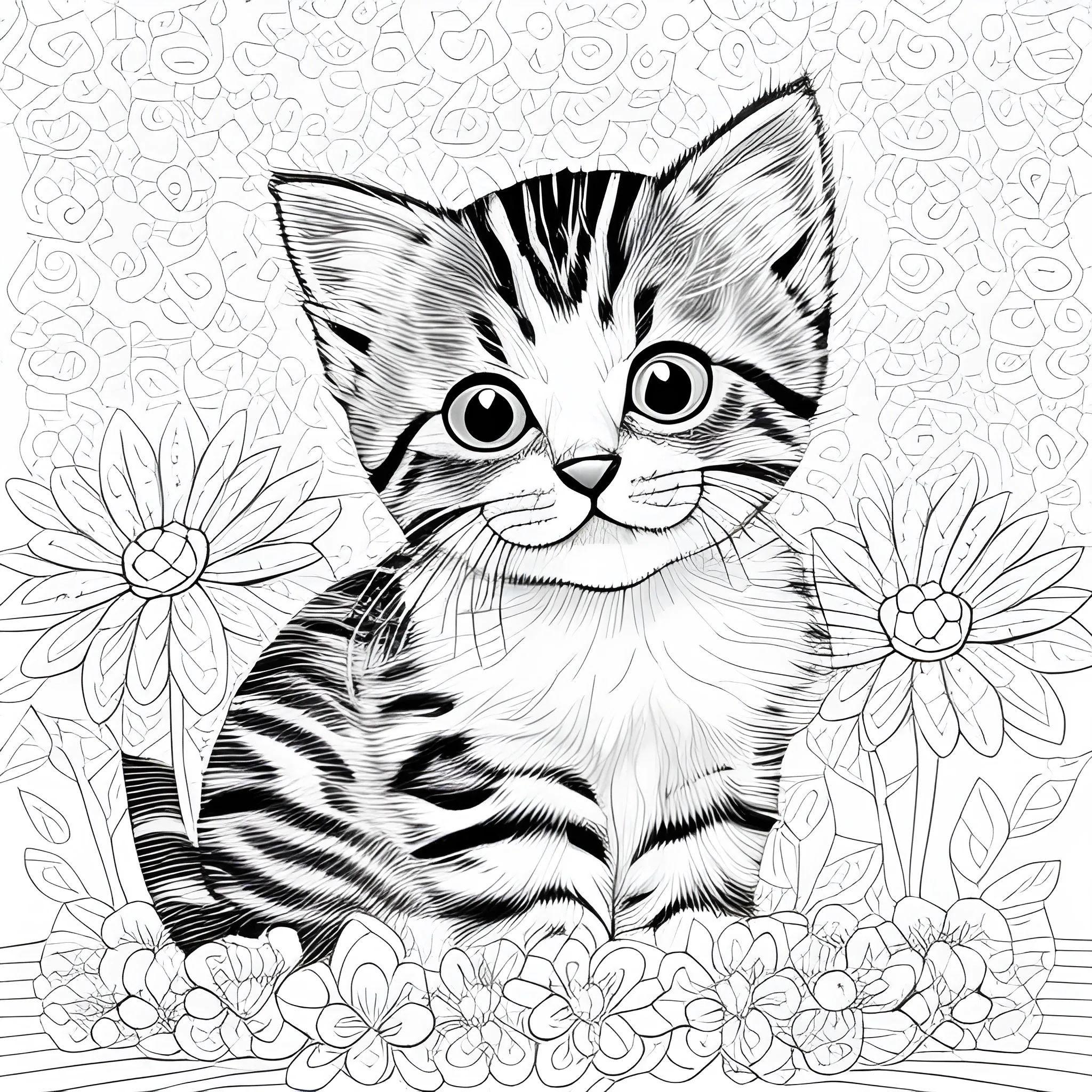 line art of a kitten with flowers for coloring