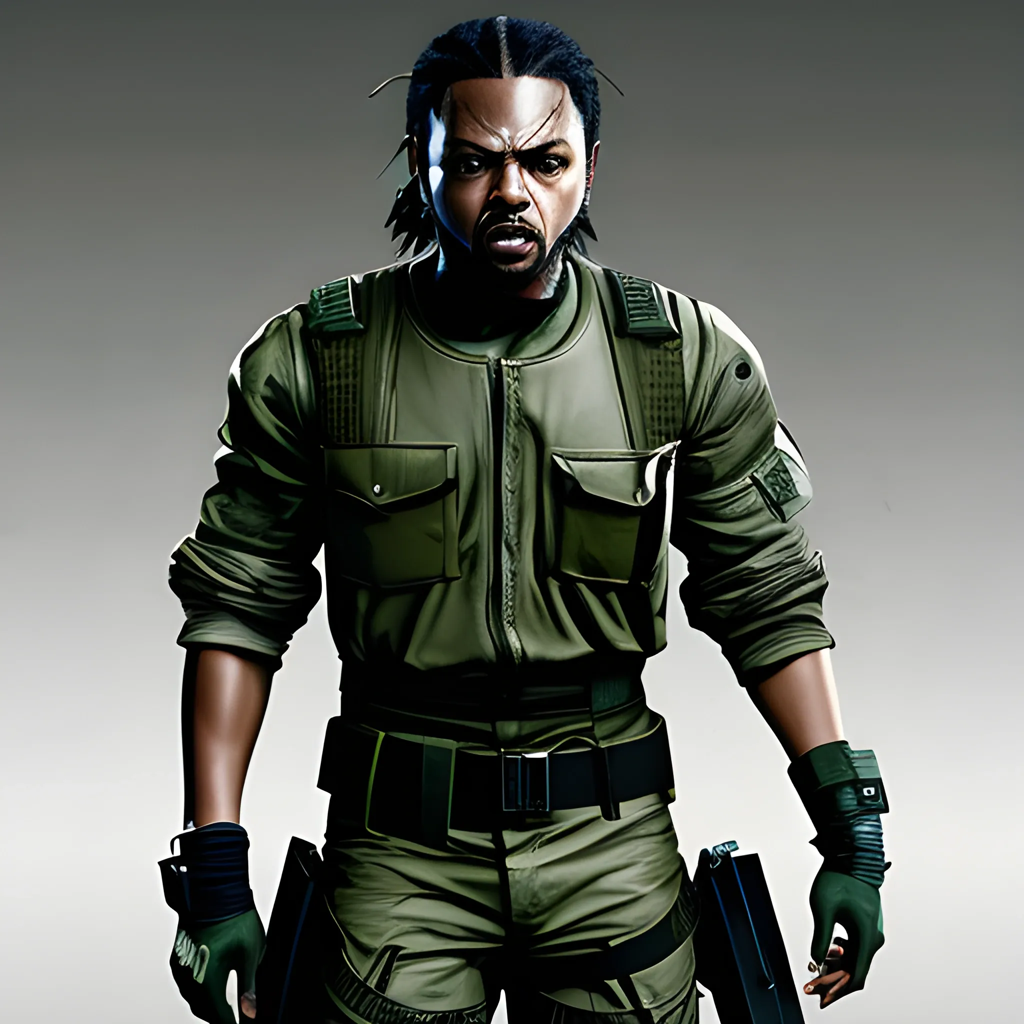 kendrick lamar as a character from the metal gear solid video game saga, full body, fighting an enemy , 3D