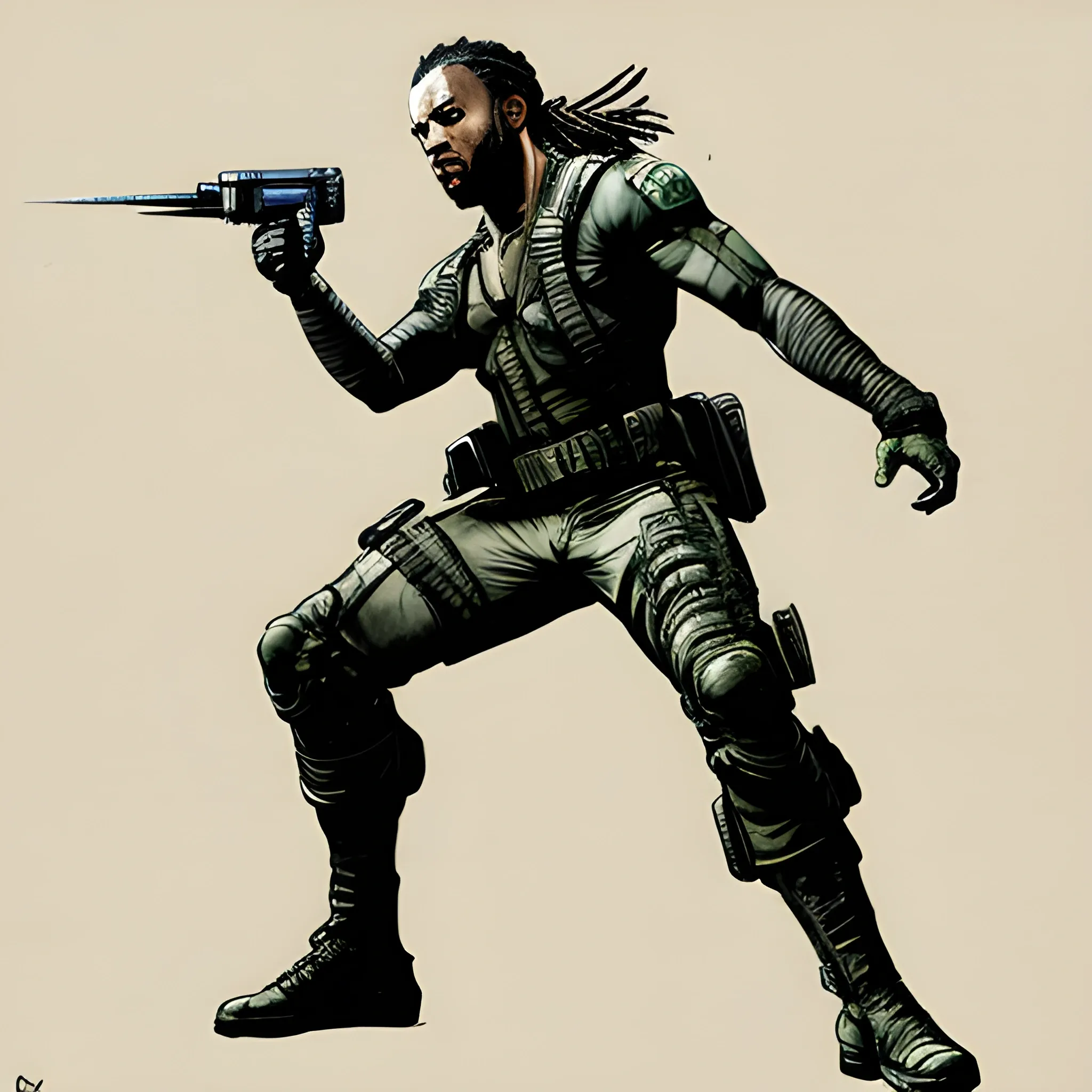 kendrick lamar as a character from the metal gear solid video game saga, full body, fighting an enemy , Pencil Sketch