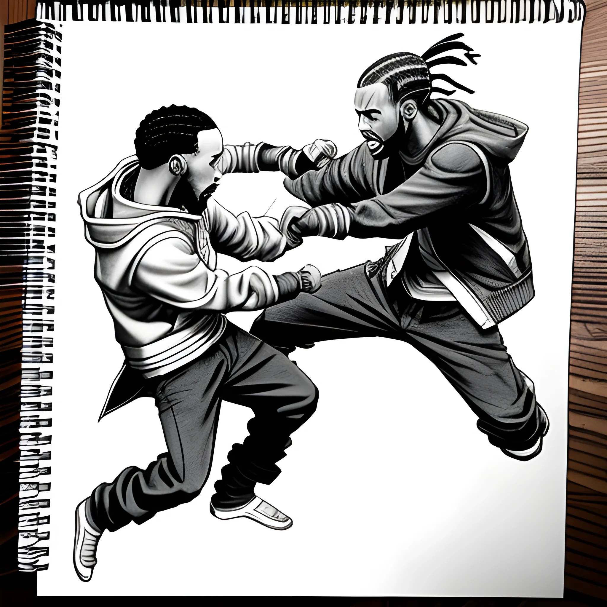 kendrick lamar and drake fighting in an epic naruto-style fight scene, Pencil Sketch