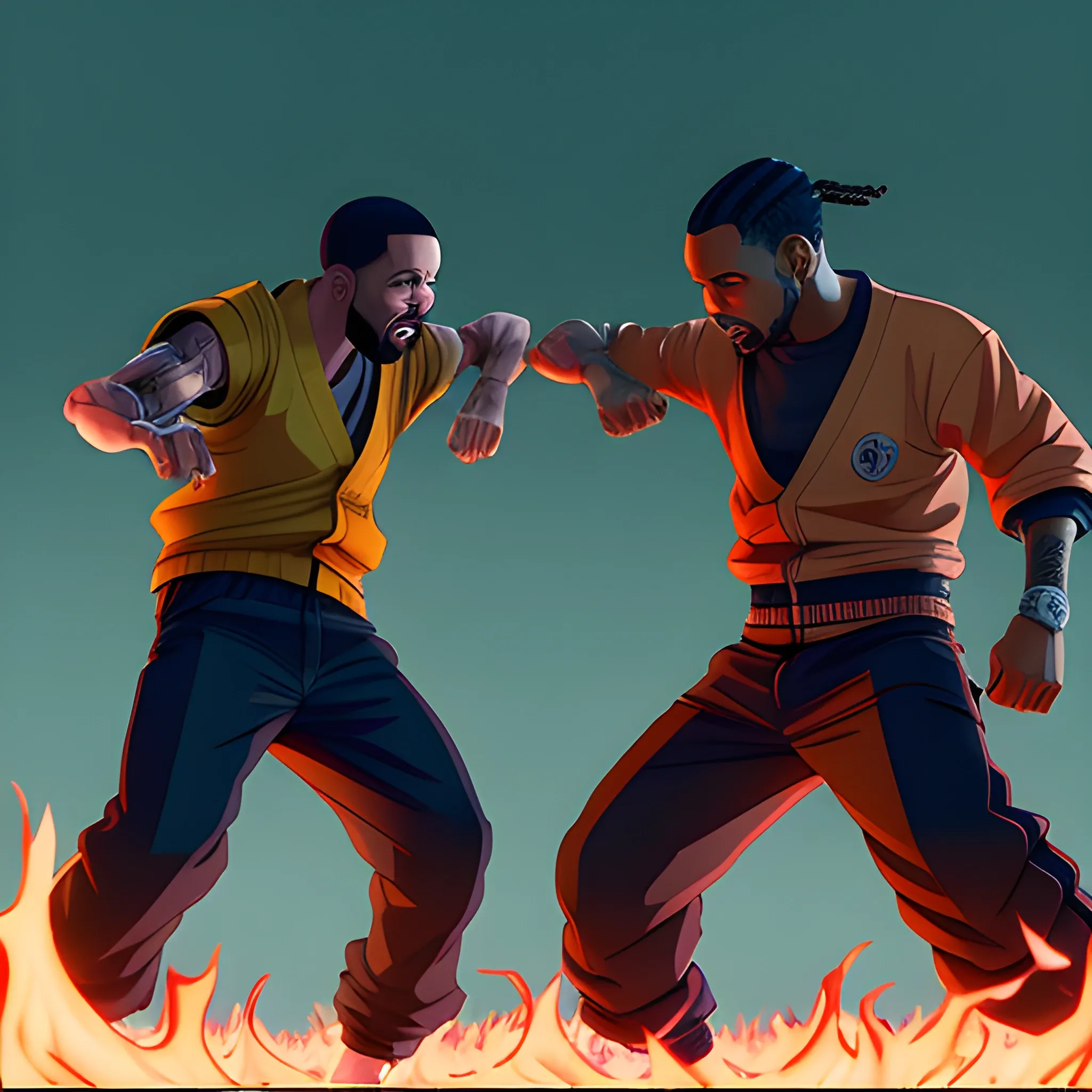 kendrick lamar and drake fighting in an epic naruto-style fight scene, 3D