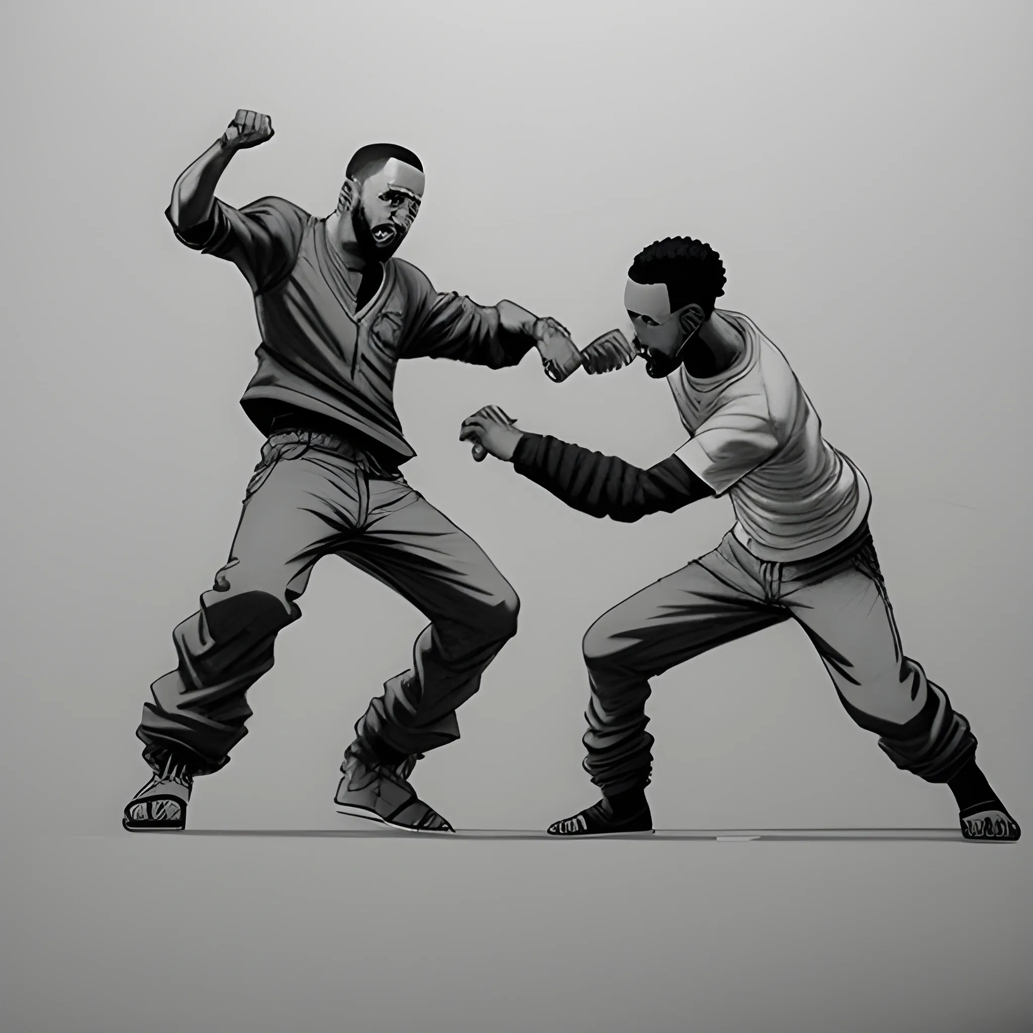 kendrick lamar and drake fighting in an epic naruto-style fight scene, 3D, Pencil Sketch