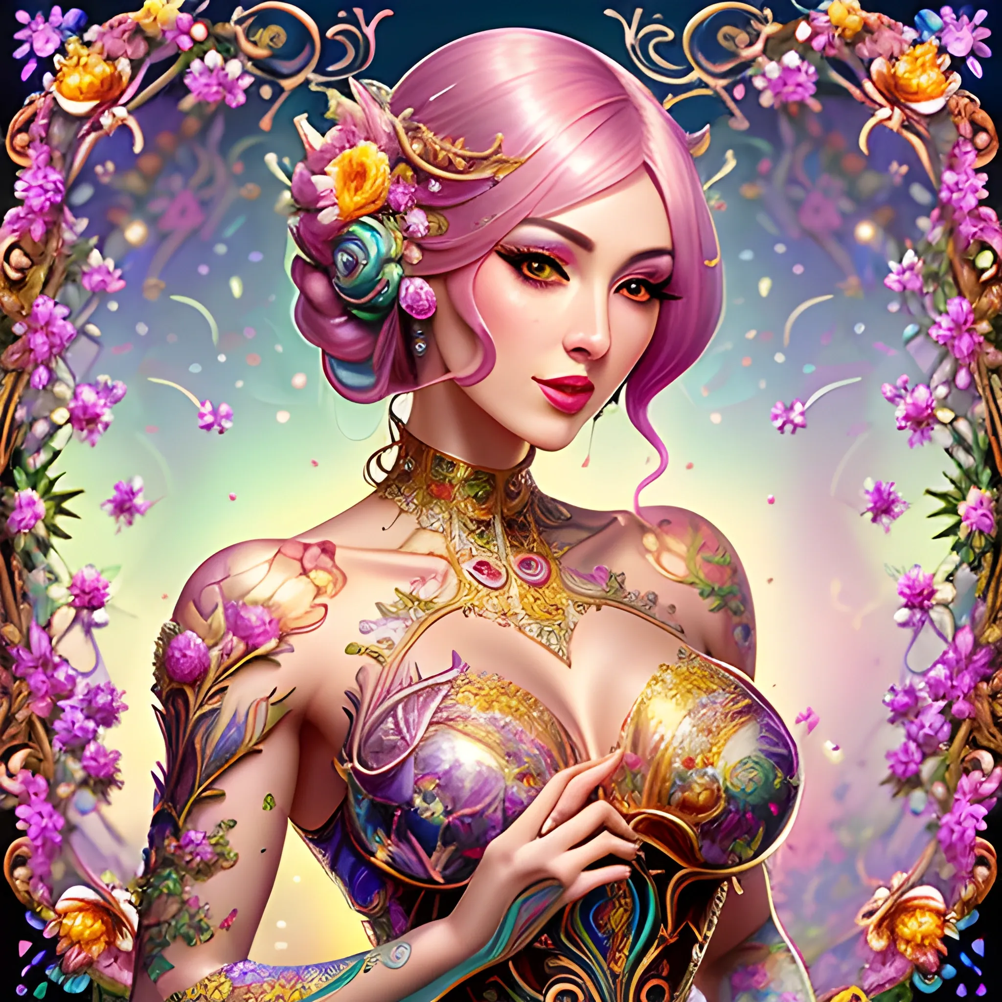 Cute colorful young girl with a posy of beautiful flowers - baby sequins, holographic filigree, Perfect, masterpiece, intricate, extremely detailed, cute, charming, cutie, flowers, fantasy, digital art, author Ross Tran, Lop-eared, Artgerm and James Jean, Brian Froude, Naimi Kanani, masterpiece of complex art, golden ratio, trend of complex art stations, high detail, ultra-high quality, Mysterious, Oil Painting
