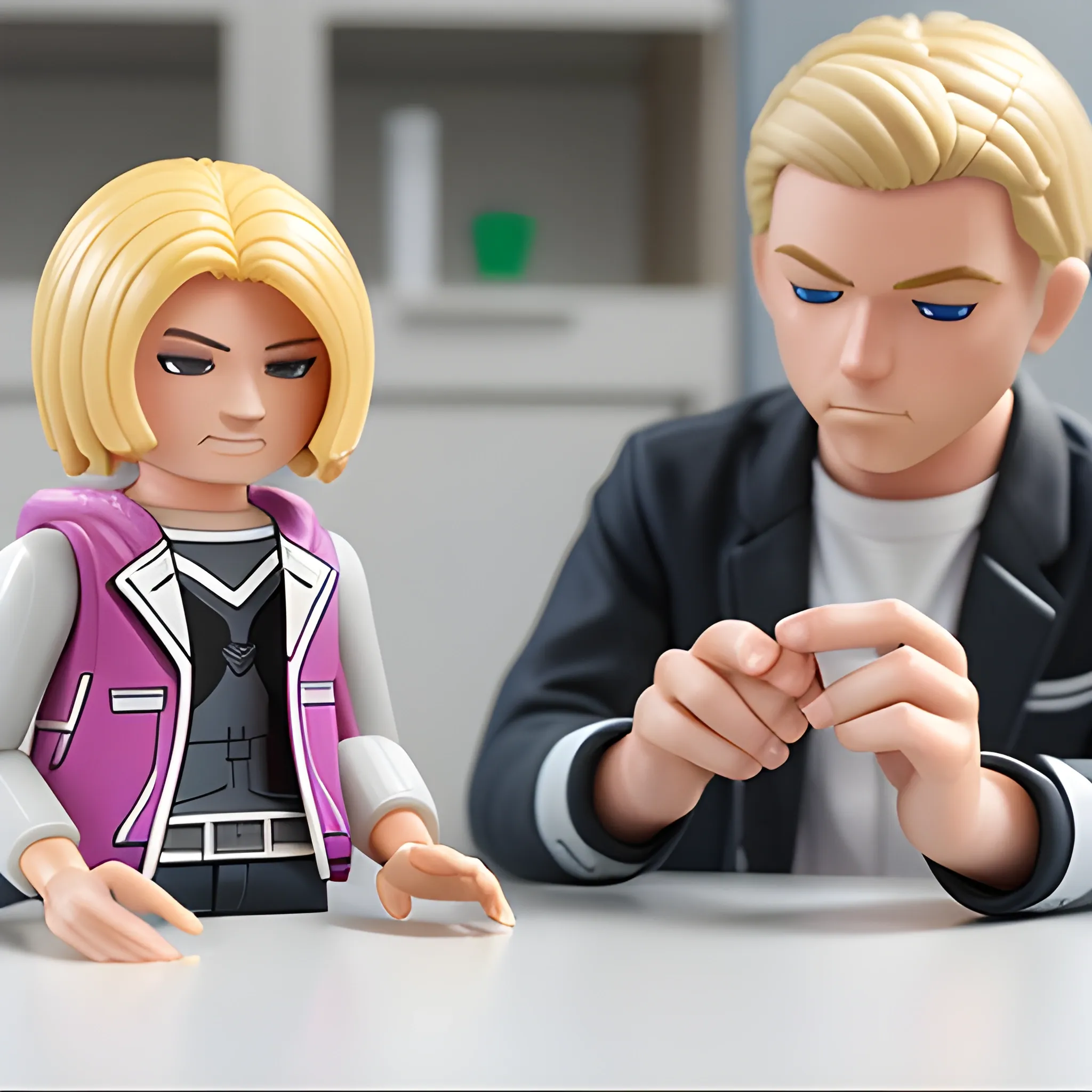 Blonder Mann mit blonden Haaren wie von Playmobilfiguren sitzt auf einem Aufsitzrasenmäher