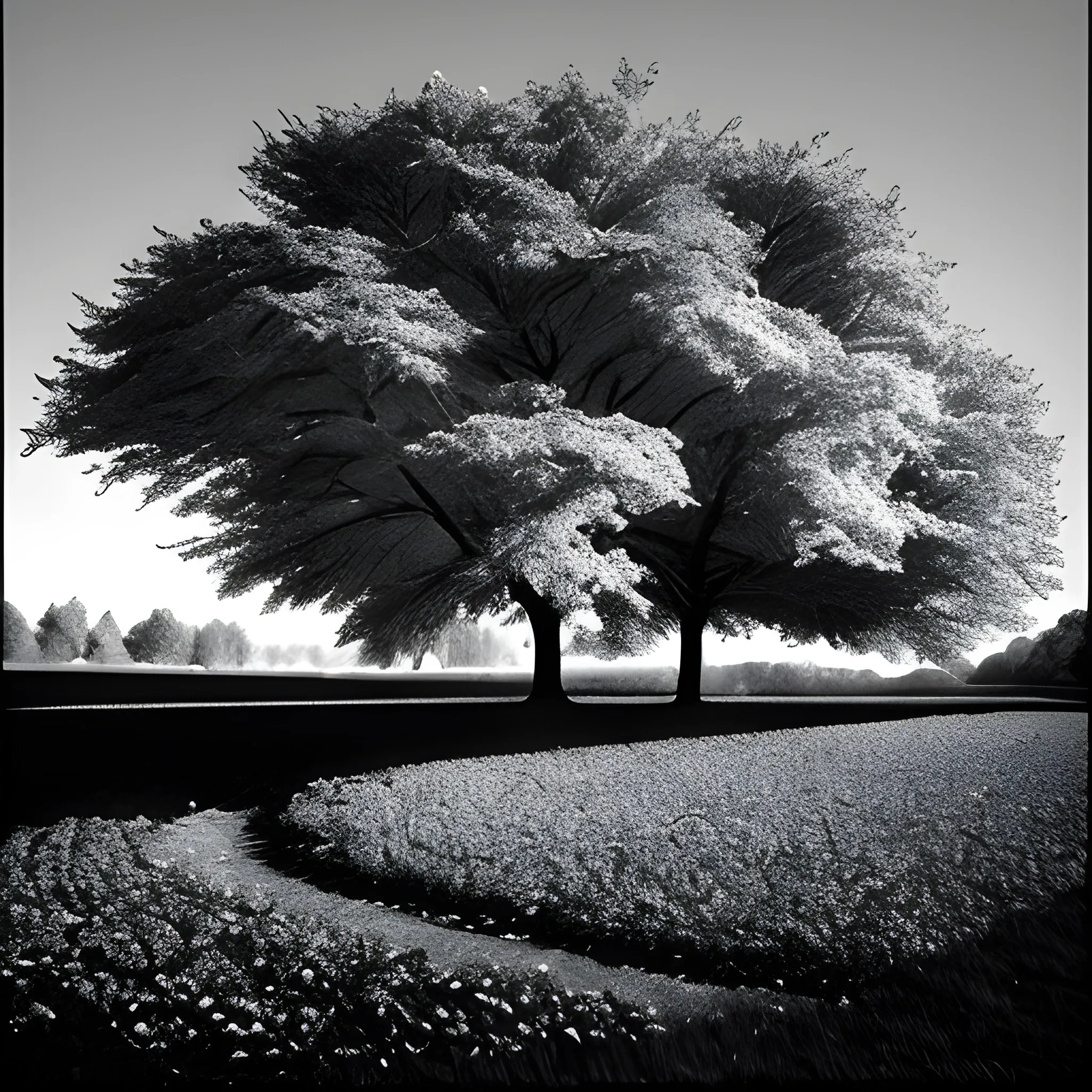 landscape, black & white, colored trees