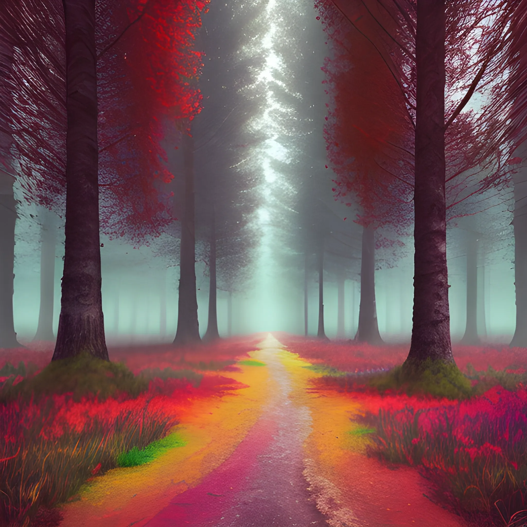 lot of colored Trees into a landscape, hyper realistic, perfect artwork, masterpiece, best quality, layered lighting, Dark ambient, Tenebrous Landscape, Murky Landscape, Trees of diferent colours, 4k