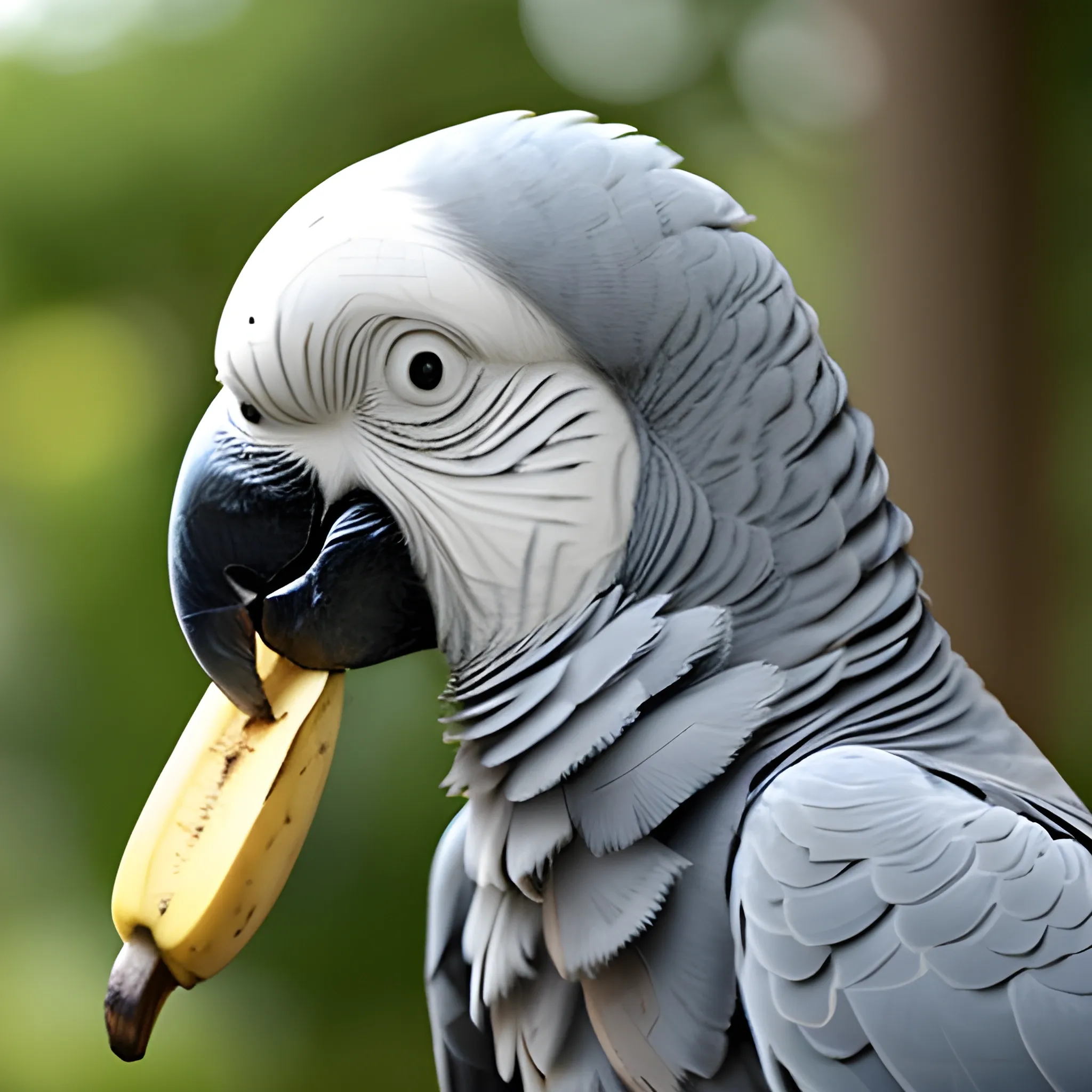 A grey parrot is eating a piece of banana