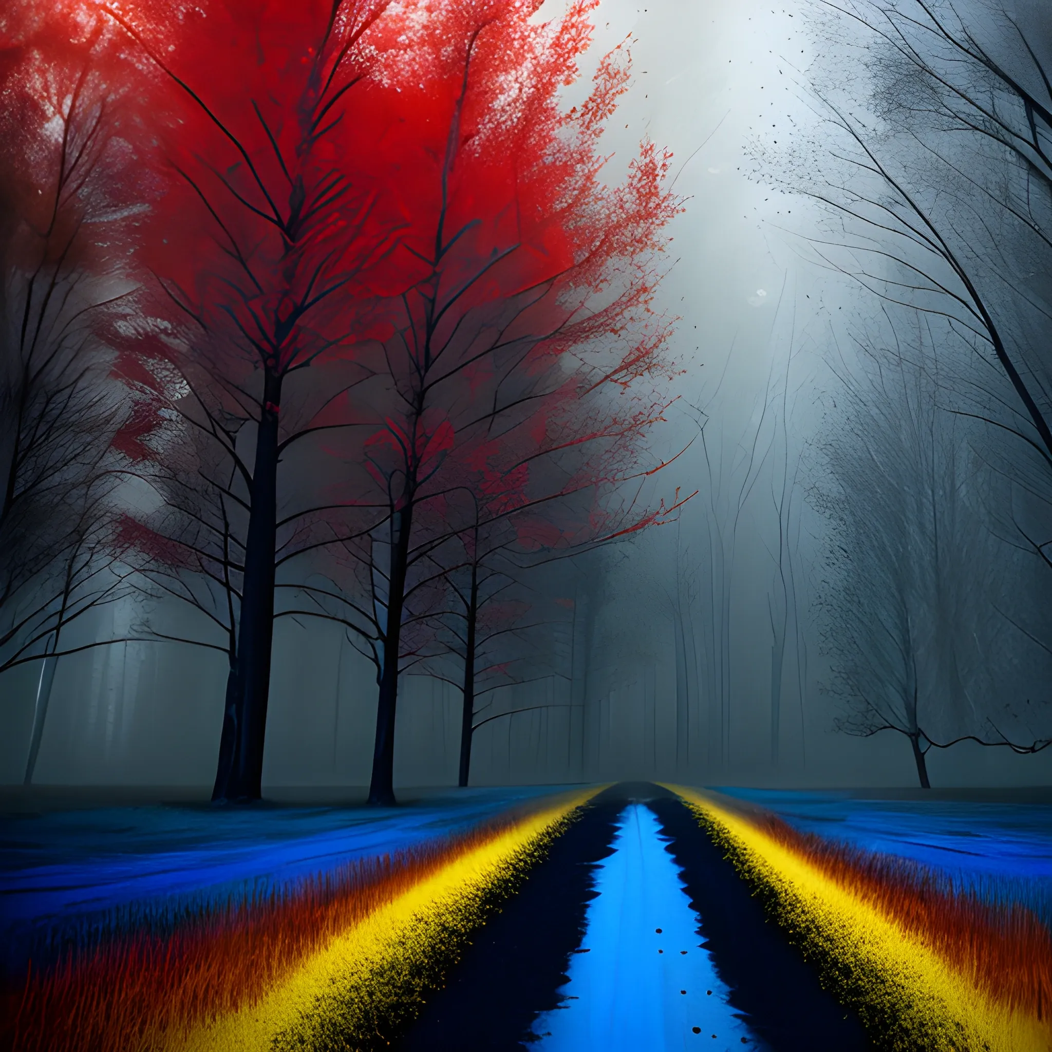  Murky Landscape, no roads, hyper realistic, perfect artwork, masterpiece, best quality, layered lighting, Dark ambient, Tenebrous Landscape, Trees of diferent colours (red, blue and yellow), 4k, HD