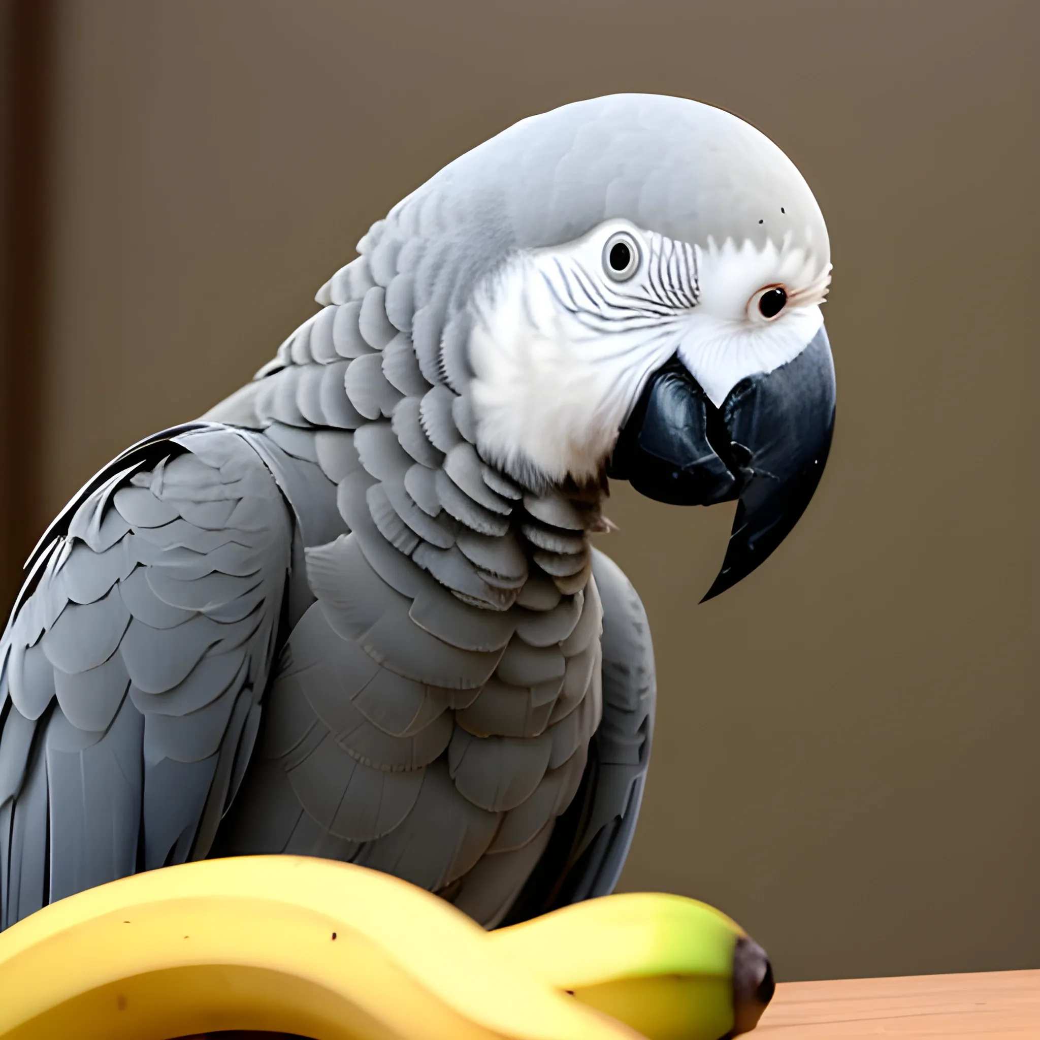 A grey parrot is eating a piece of banana