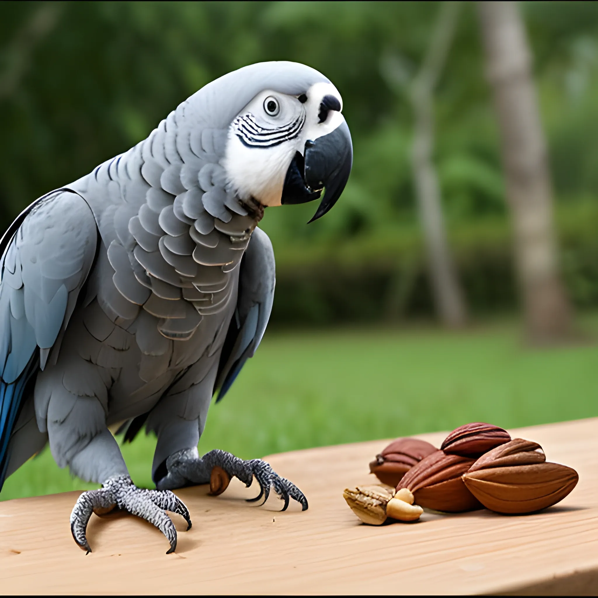 A grey parrot is eating a nut