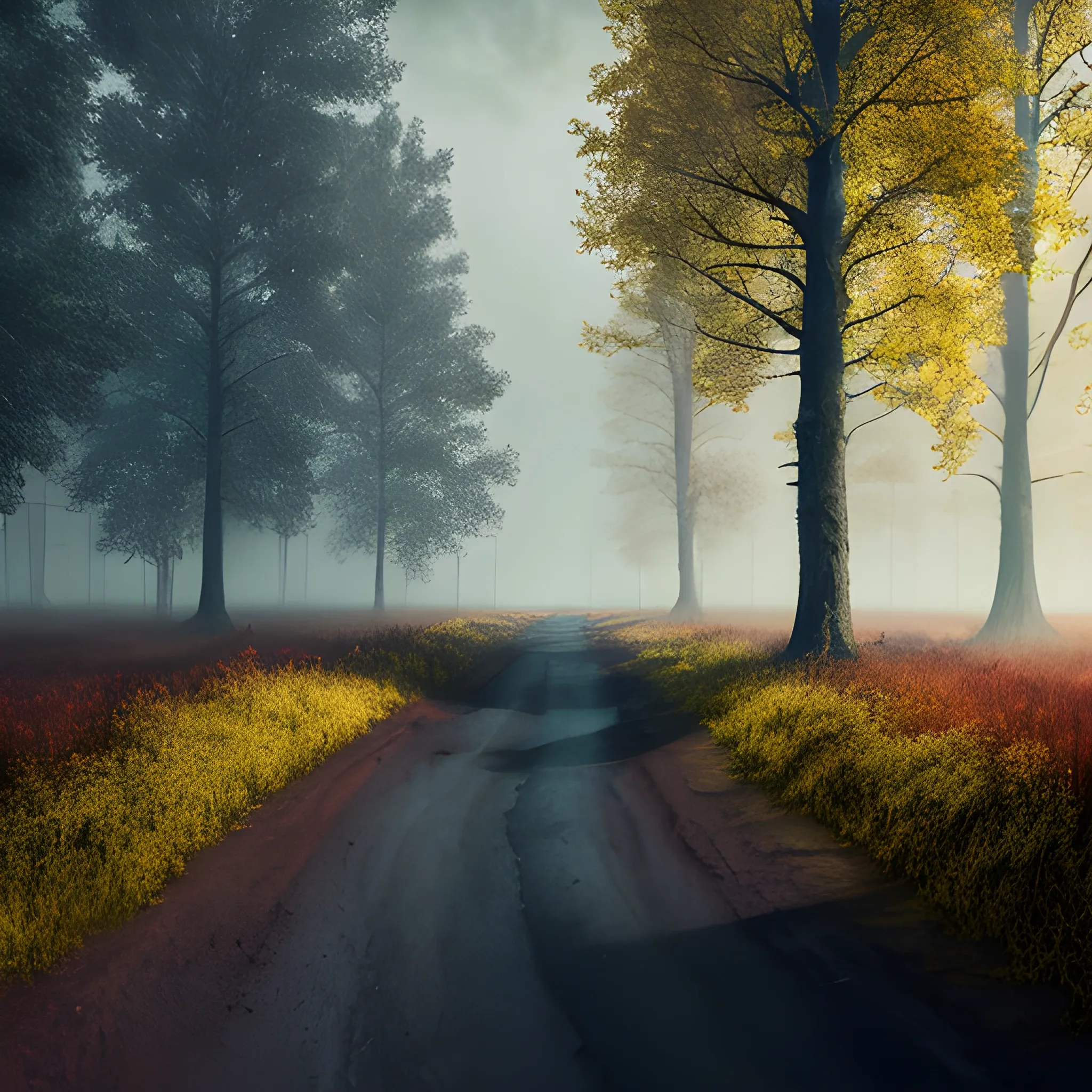 Murky Landscape, Without roads neither walking trails, hyper realistic, perfect artwork, masterpiece, best quality, layered lighting, Dark ambient, Tenebrous Landscape, Trees of diferent colours like red, blue and yellow, 4k, HD