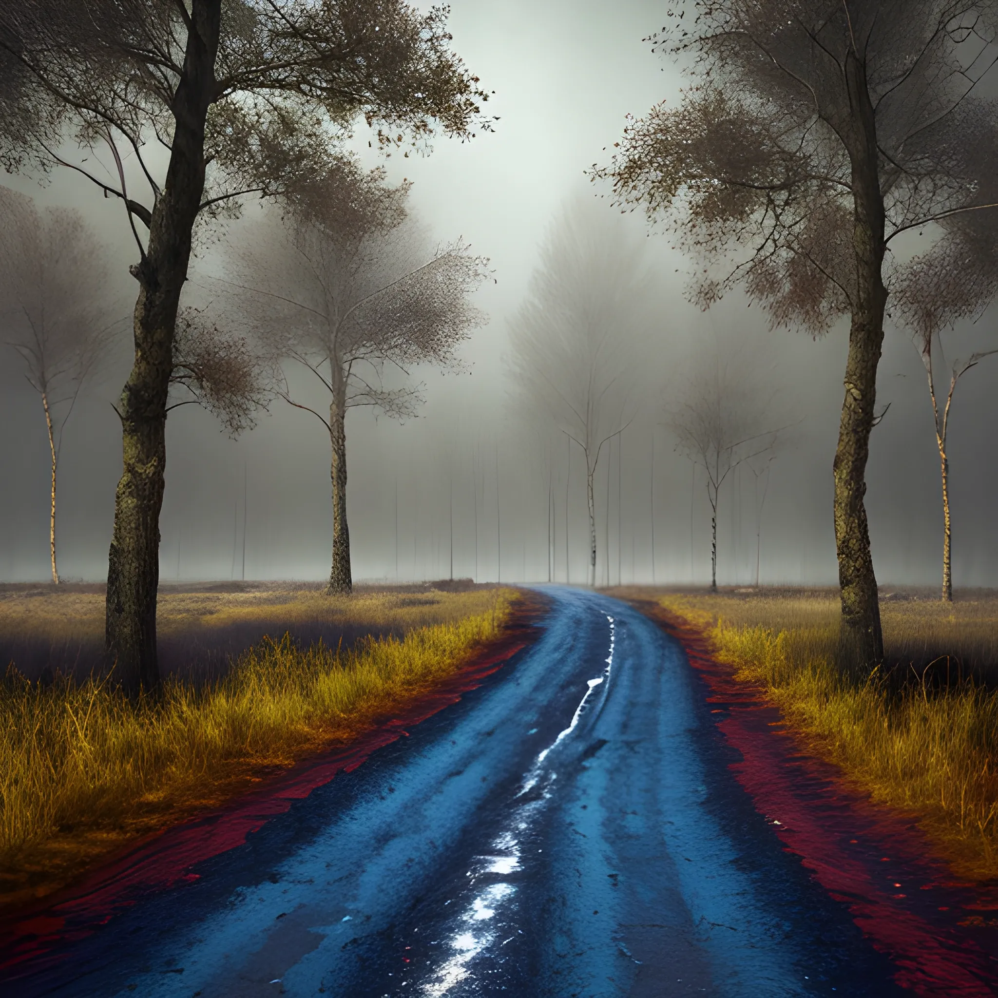 Murky Landscape, No roads, No walking trails, hyper realistic, perfect artwork, masterpiece, best quality, layered lighting, Dark ambient, Tenebrous Landscape, Trees of diferent colours like red, blue and yellow, 4k, HD