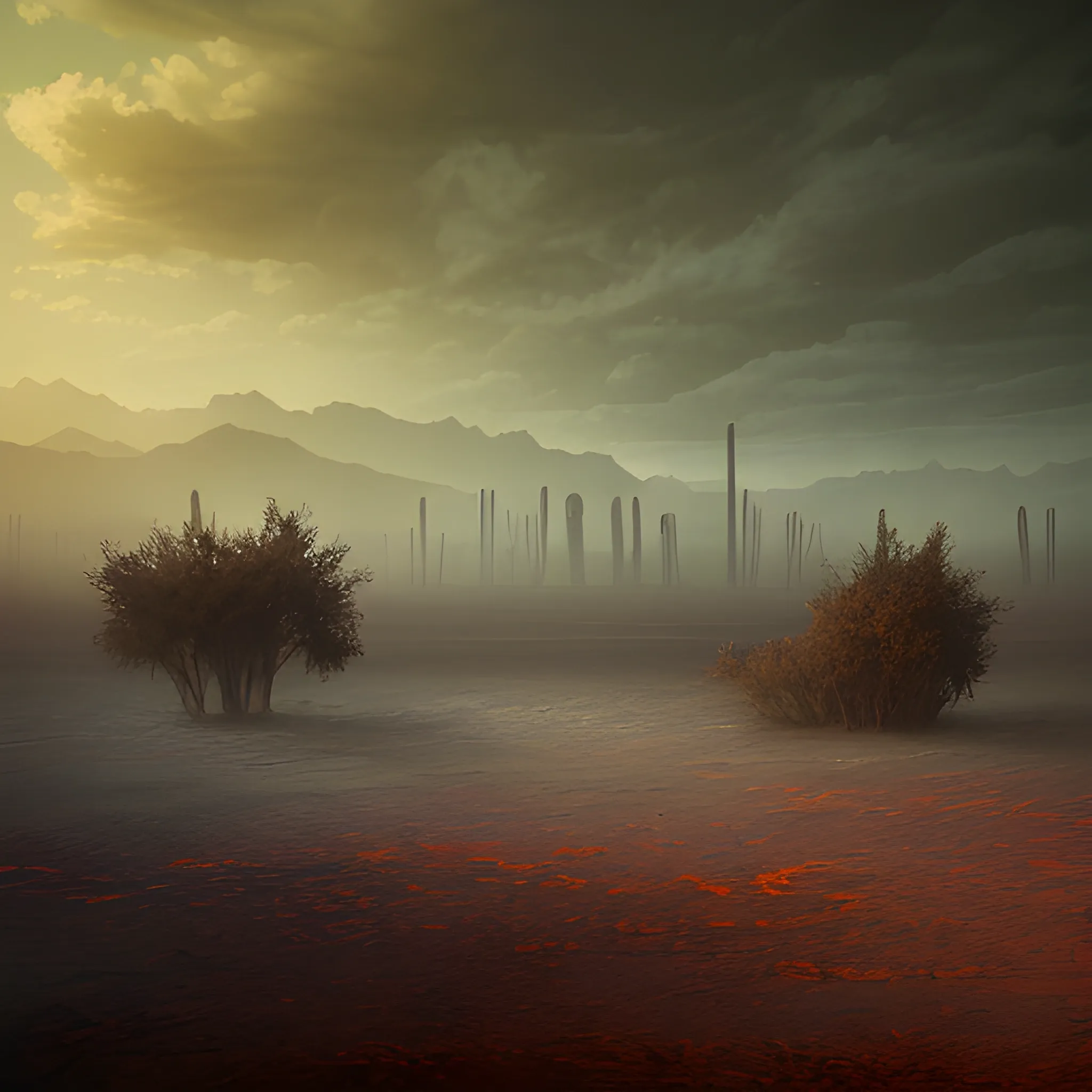 Murky Landscape, Desert field, Apocalyptic, hyper realistic, perfect artwork, best quality, layered lighting, Dark ambient, Tenebrous Landscape, Trees of diferent colours like red, blue and yellow, 4k, HD