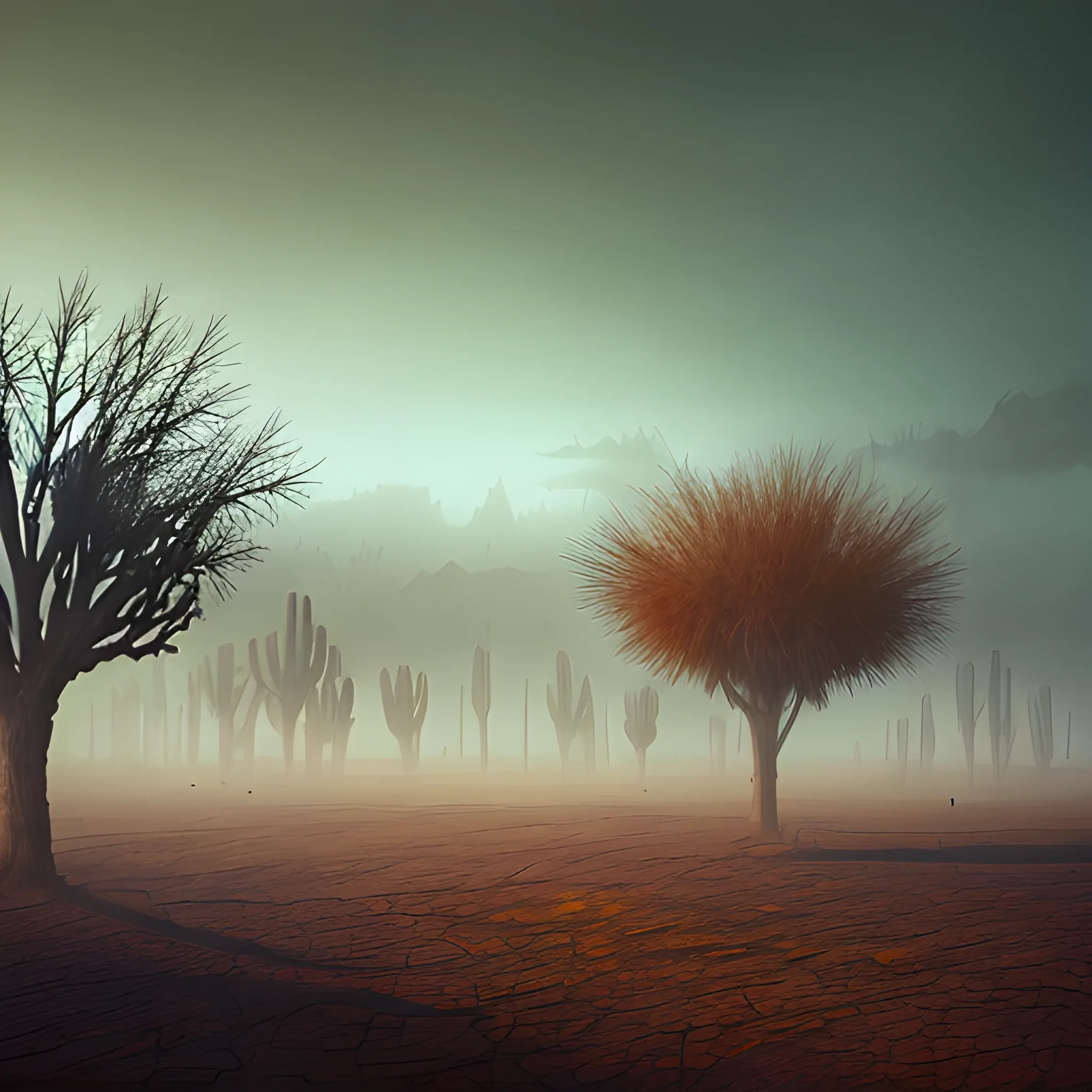 Murky Landscape, Desert field, Apocalyptic, hyper realistic, perfect artwork, best quality, layered lighting, creepy, Tenebrous Landscape, Trees of diferent colours like red, blue and yellow, 4k, HD