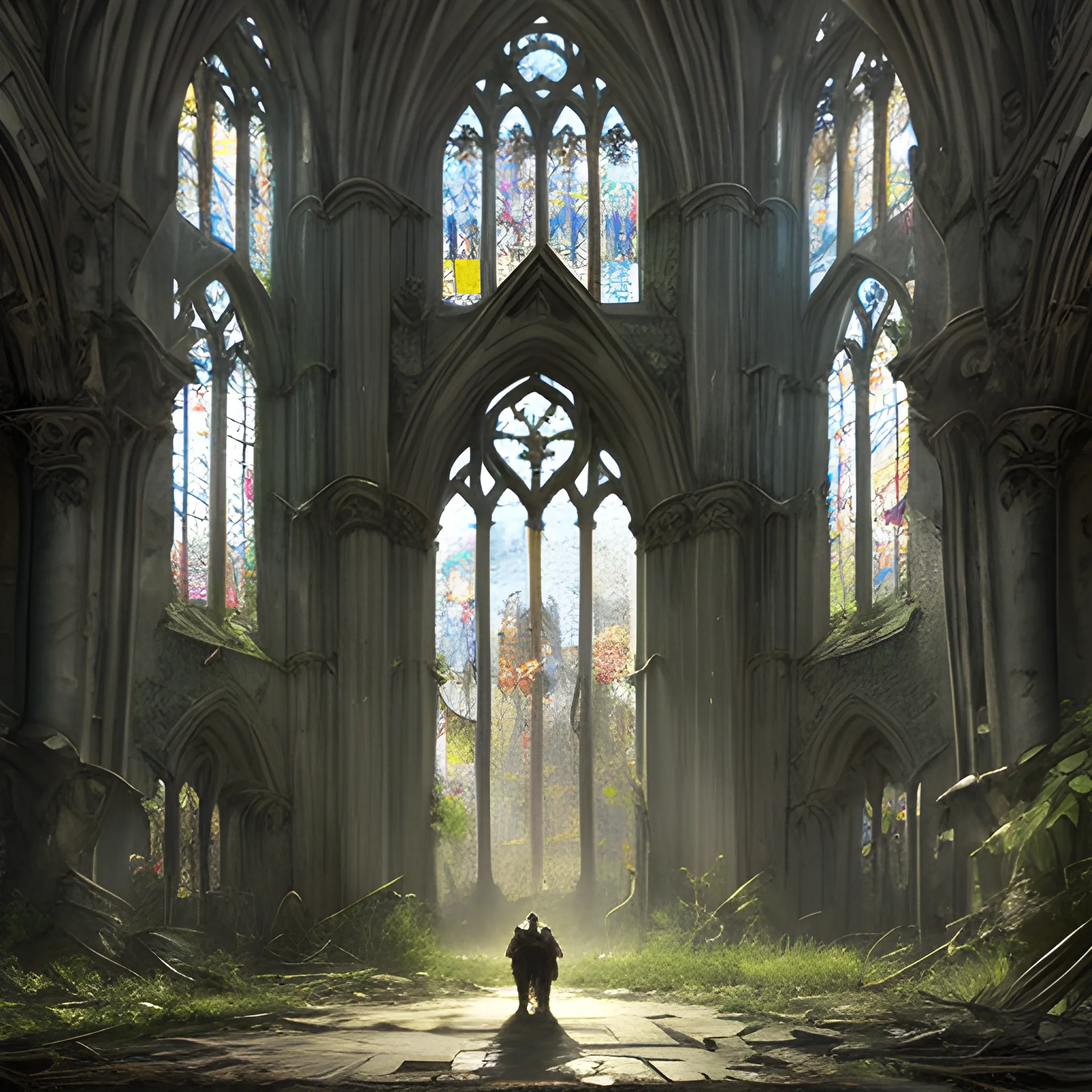 Masterpiece. Sunny summer day. Post-apocalyptic ruins. A shattered cathedral with overgrown foliage. Sunlight piercing through broken stained glass. Godrays. A silent atmosphere of the scene. One cat near the cathedral. Detailed art, many details, cinematic, ultra highly detailed, beautiful details, best quality <lora:xl_more_art-full_v1:0.6>