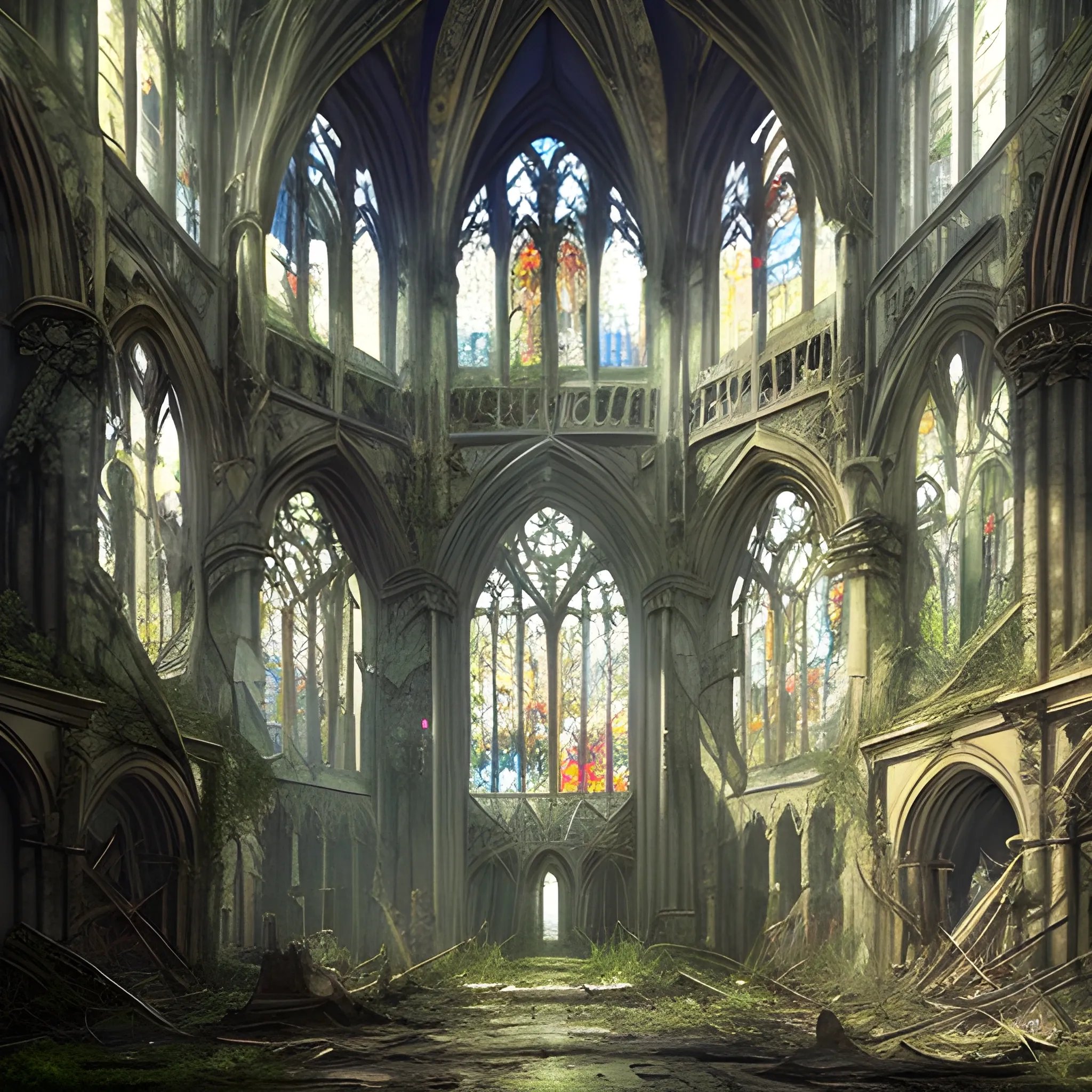 Masterpiece. Sunny summer day. Post-apocalyptic ruins. A shattered cathedral with overgrown foliage. Sunlight piercing through broken stained glass. Godrays. A silent atmosphere of the scene. One cat near the cathedral. Detailed art, many details, cinematic, ultra highly detailed, beautiful details, best quality <lora:xl_more_art-full_v1:0.6>