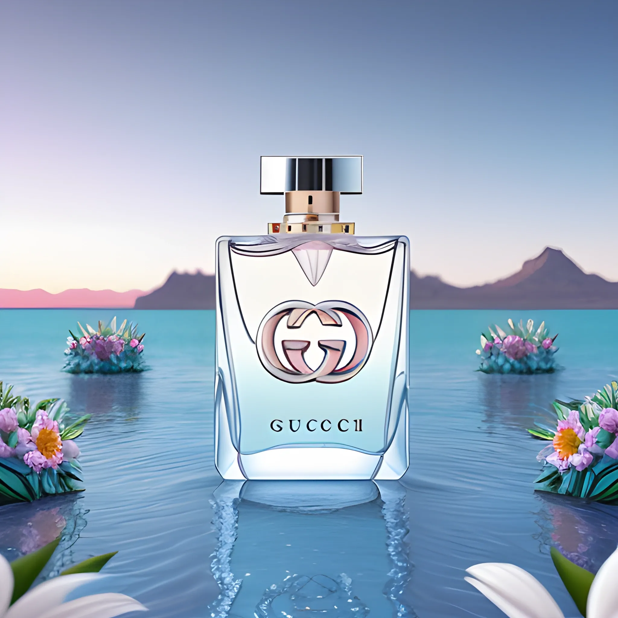 Gucci edp on the water in a desert, in the style of rendered in maya, art of tonga, vray, dark white and light azure, made of flowers, high resolution, soft, romantic landscapes --ar 58:77 --q 2 --v 5