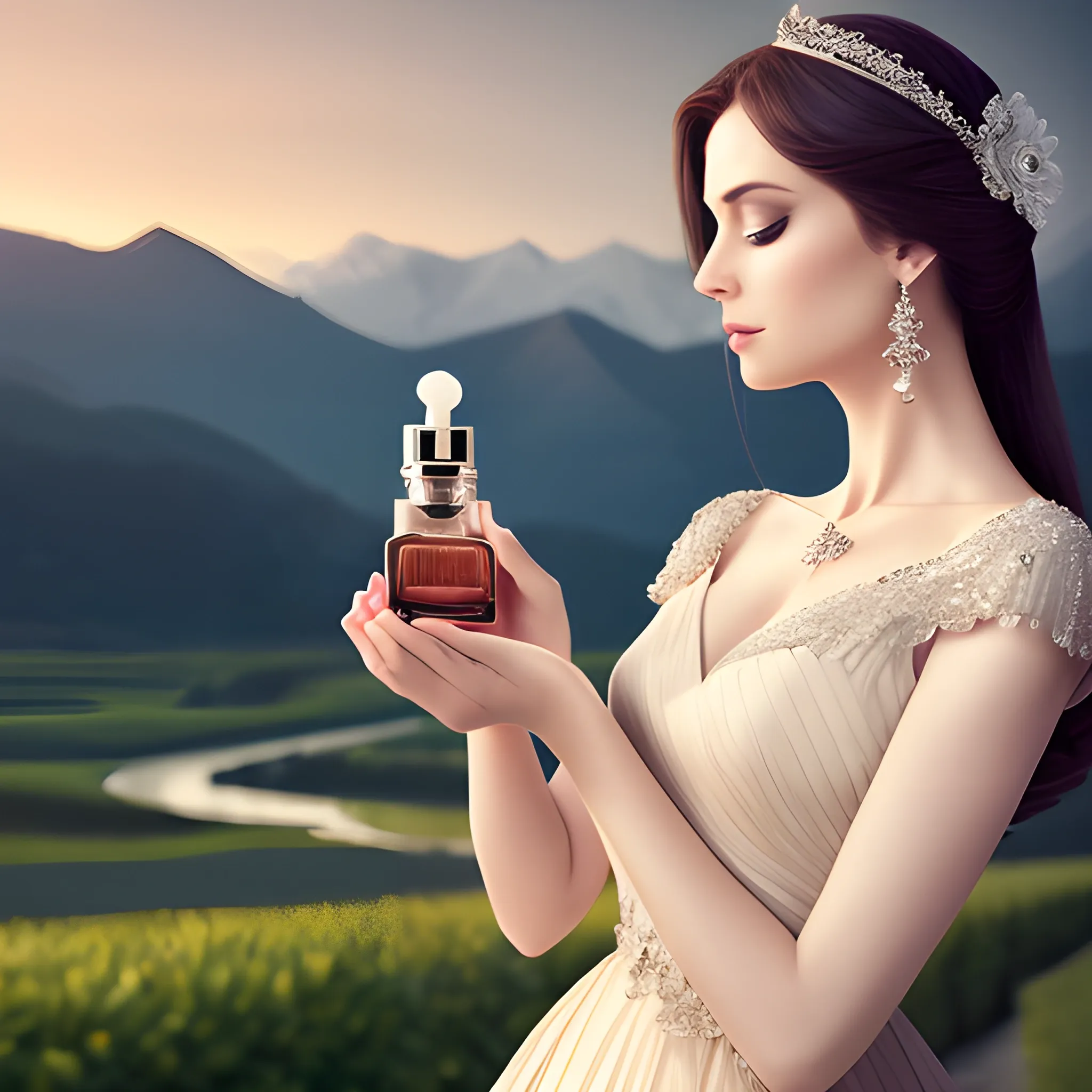 A Very Elegantly Dressed Woman Holding a Fragrance Bottle high resolution, soft, romantic landscapes