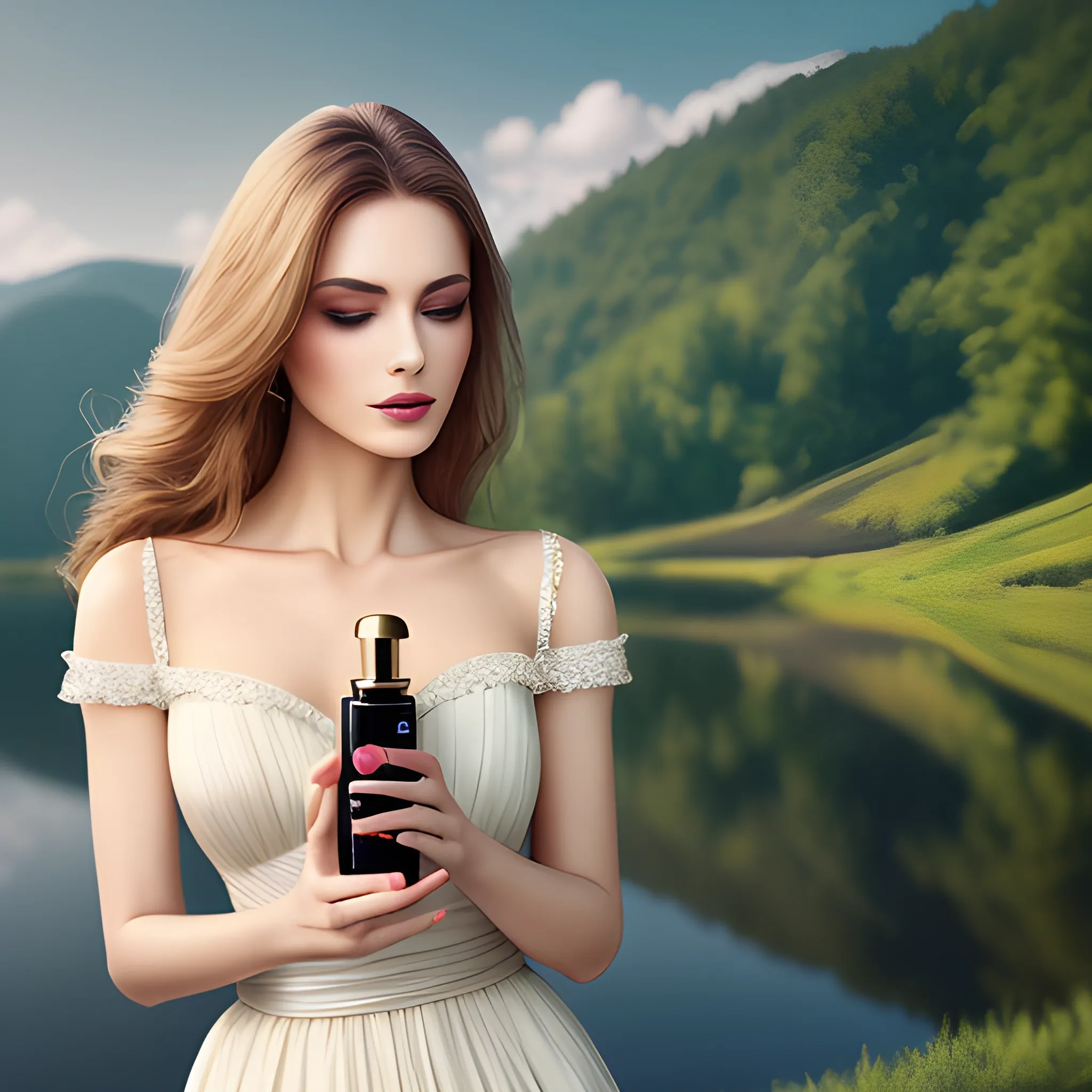 A Very Elegantly Dressed model Woman Holding a Fragrance Bottle high resolution, soft, romantic landscapes