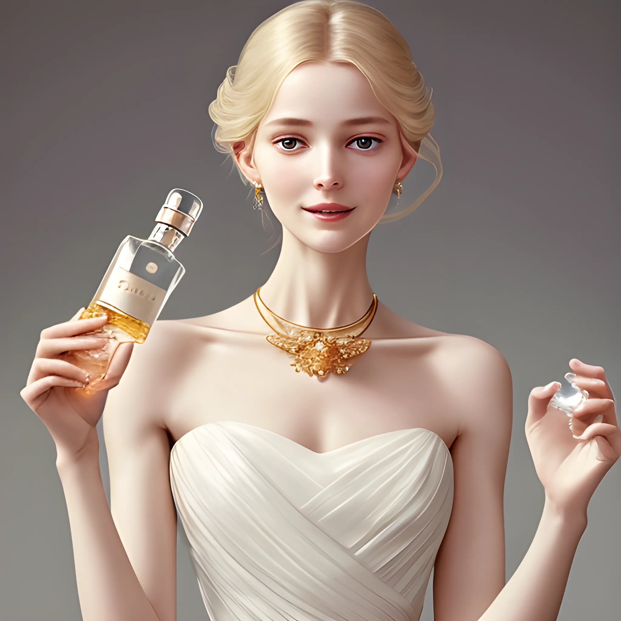 She wears a flowing white dress that gently flutters around her slender figure, enhancing her natural grace. In his hand he holds a clear glass bottle, adorned with gold accents, containing the exquisite fragrance of Gucci. A subtle smile plays on her lips as the scent envelops her being, adding a touch of mystery and sophistication to her aura.