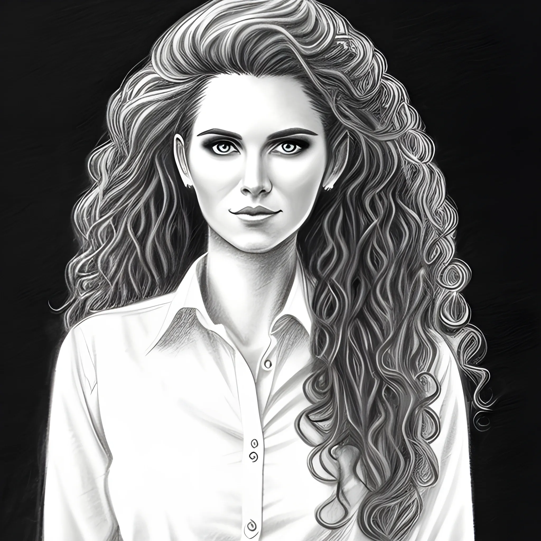 Pencil Sketch, Tall woman, Long curly hair , Black jeans, White shirt, Front view