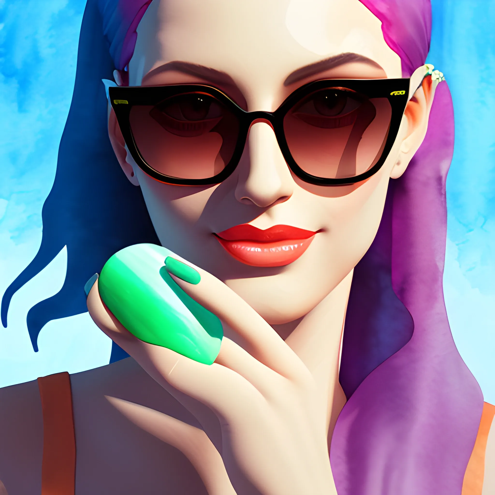 Woman with sunglasses and lush nails, 3D, Water Color