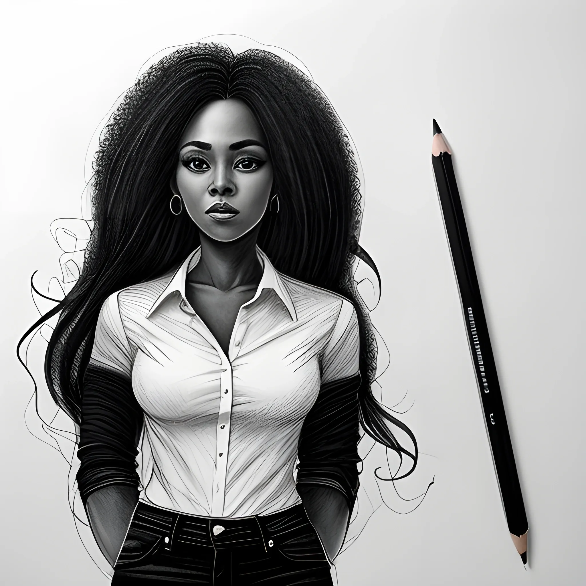 Pencil Sketch, Black woman, Long narrow hair, Black jeans, White shirt, Front view, Whole body