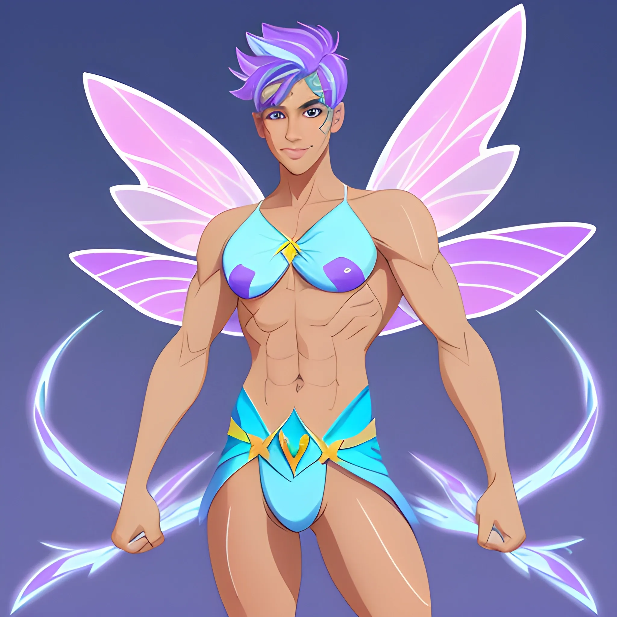 Create a male fairy, tanned skin, freckles, samon hair, blue eyes, blue and violet wings, speedo. wind automn fairy. lightning powers, greenish outfit inspired by Winx Club. digital art, character sheet, full body.