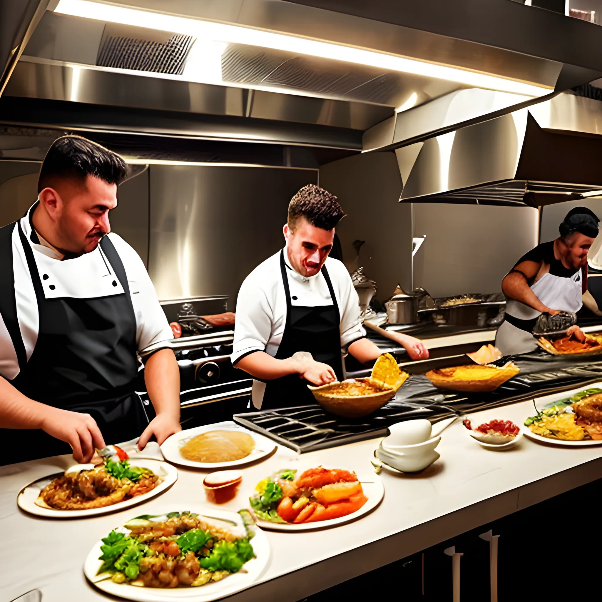 genera una imagen en donde se vea la cocina de un restaurante de alto nivel y los cocineros se vean disfrutando mientras cocinan los platos