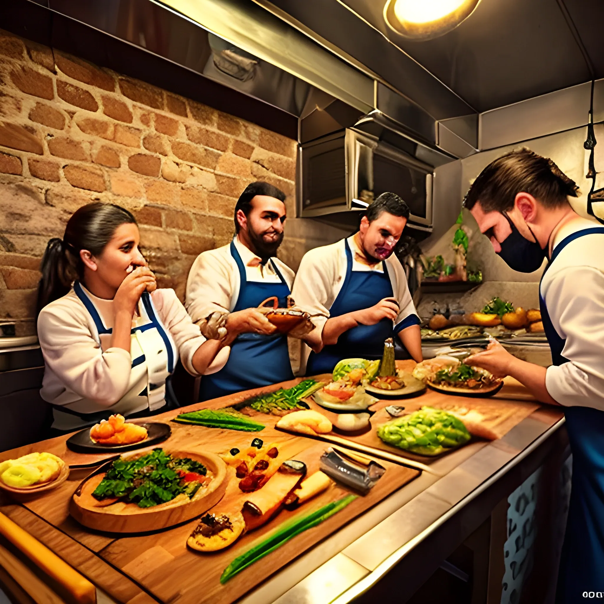 genera una imagen lo mas real posible en donde se vea la cocina de un restaurante de alto nivel en argentina y los cocineros se vean disfrutando mientras preparan los platos de la carta, 3D