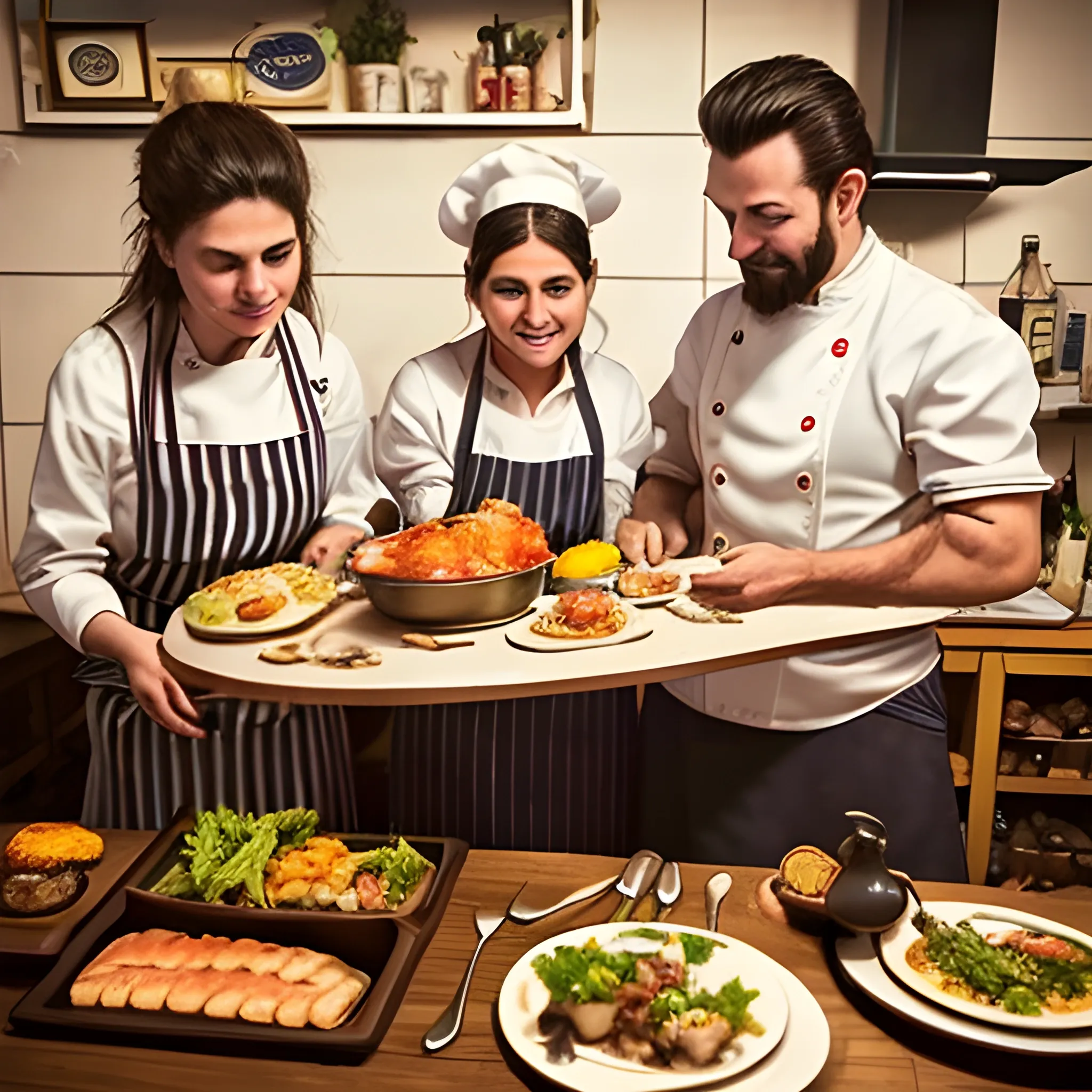 genera una imagen que las personas tengan un alto nivel de calidad y se vean perfectas en donde se vea la cocina de un restaurante de alto nivel en argentina y los cocineros se vean disfrutando mientras cocinan los platos de la carta, 3D