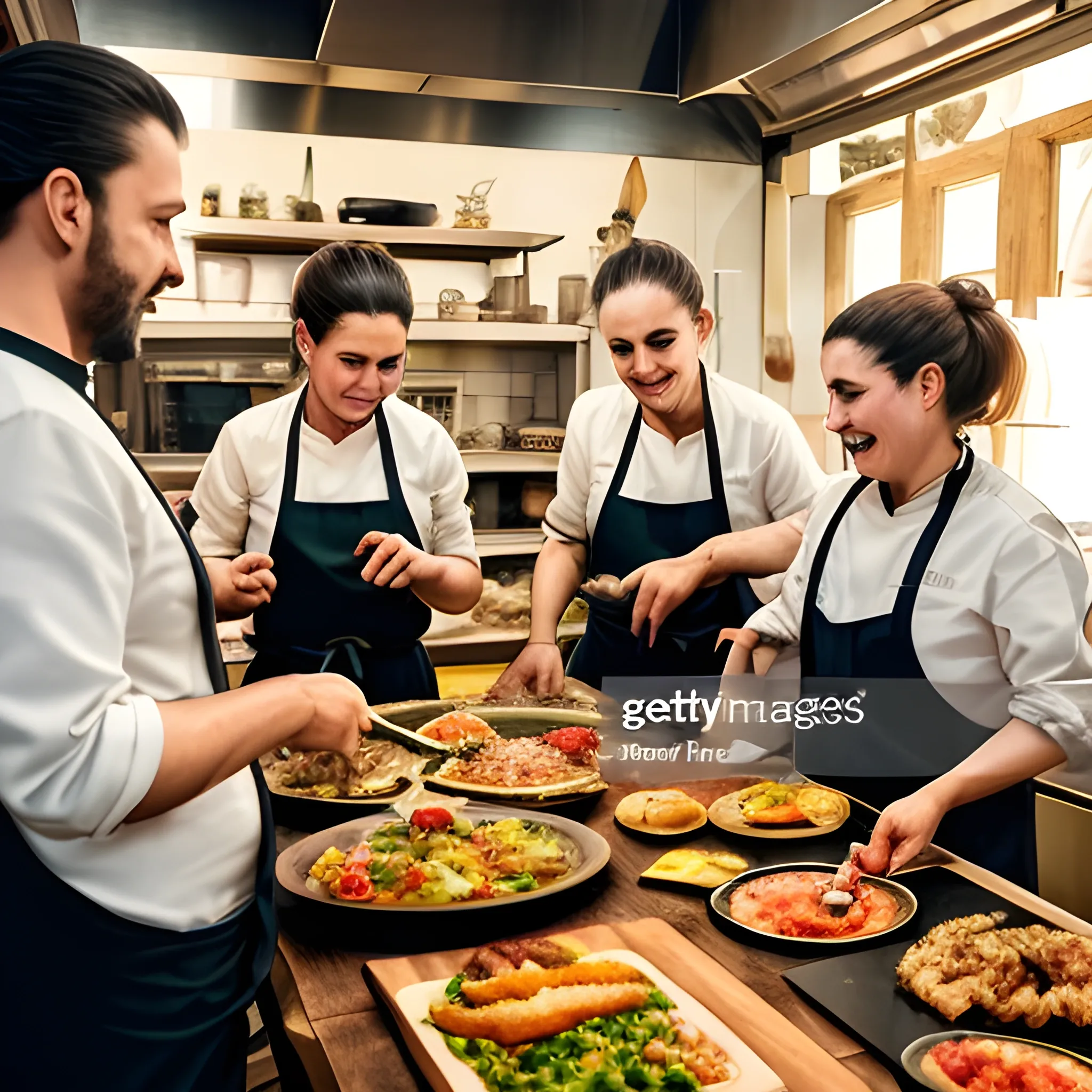 genera una imagen que las personas tengan un alto nivel de calidad y las caras se vean perfectamente en donde se vea la cocina de un restaurante de alto nivel en argentina y los cocineros se vean disfrutando mientras cocinan los platos de la carta