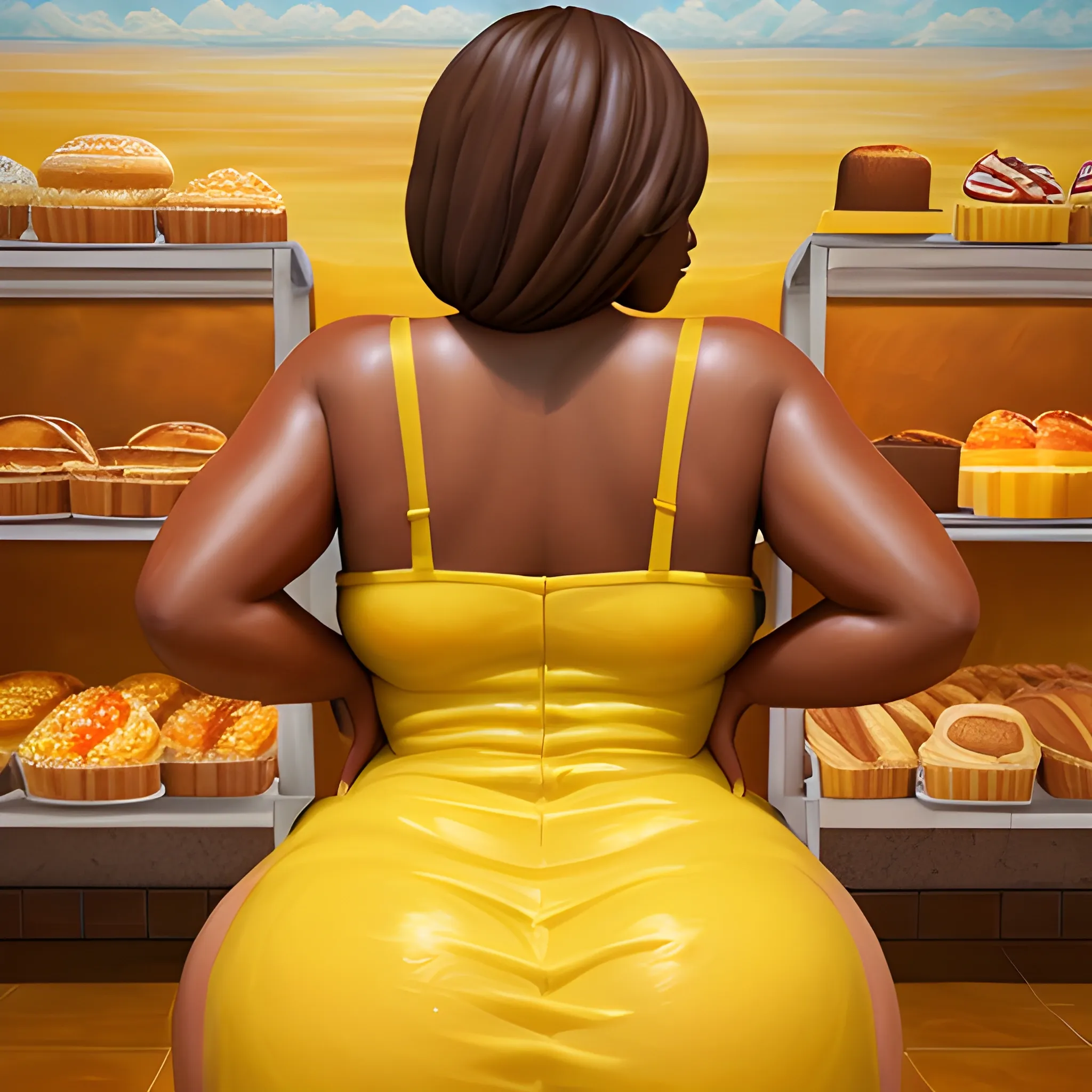 Create an image of a woman huge ass with thick thighs, chocolate skin  in a yellow sun dress in a bakery
, 3D, Oil Painting