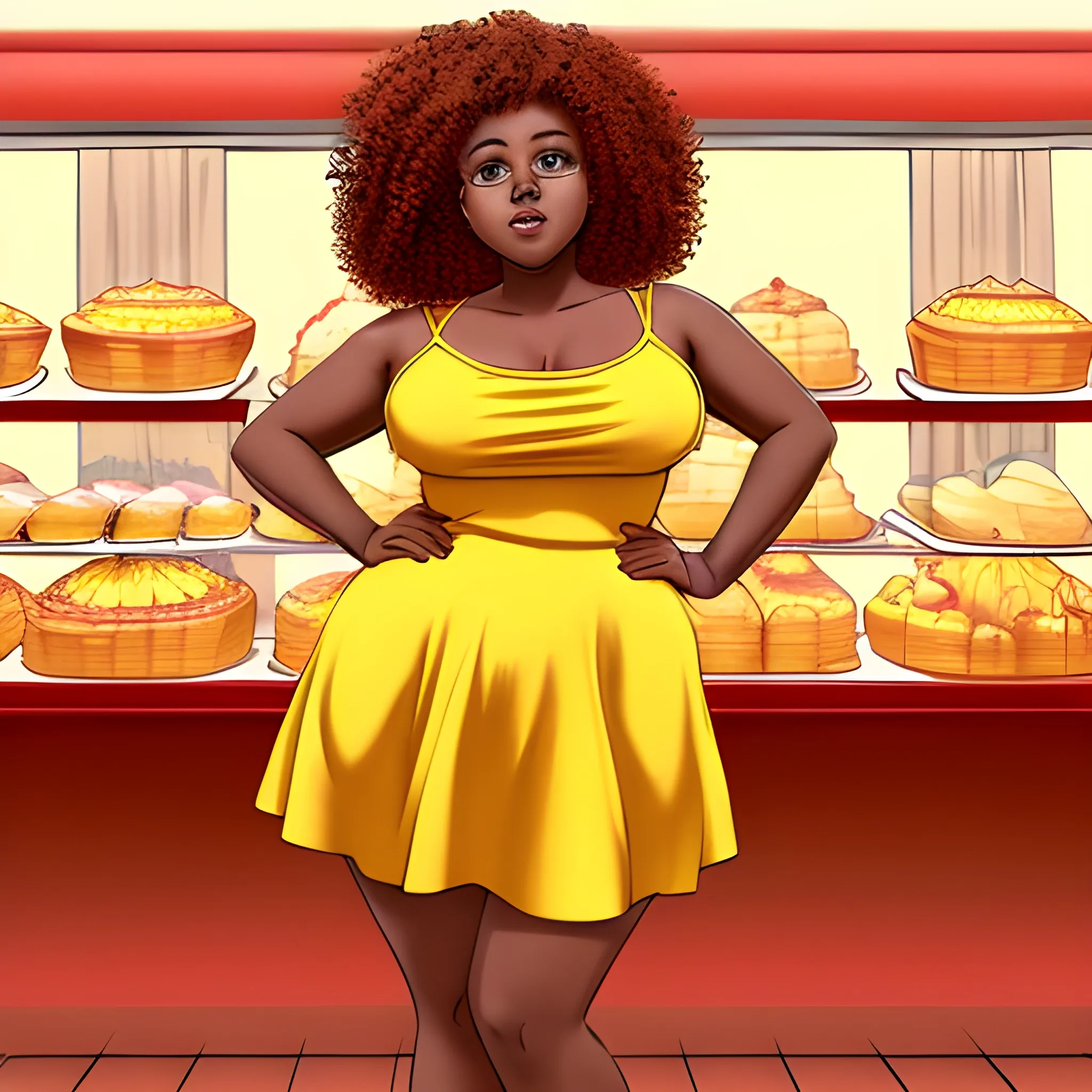 Create a full body image of a woman huge ass with thick thighs, chocolate skin  in a yellow sun dress in a bakery, red curly hair shoulder length hair
, Pencil Sketch