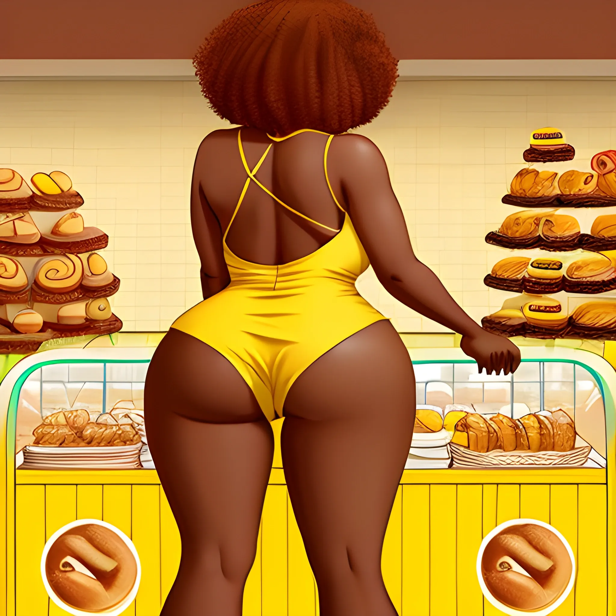 Create a image of a woman huge butt with thick thighs, chocolate skin  in a yellow sun dress in a bakery, red curly hair shoulder length hair
,, Cartoon