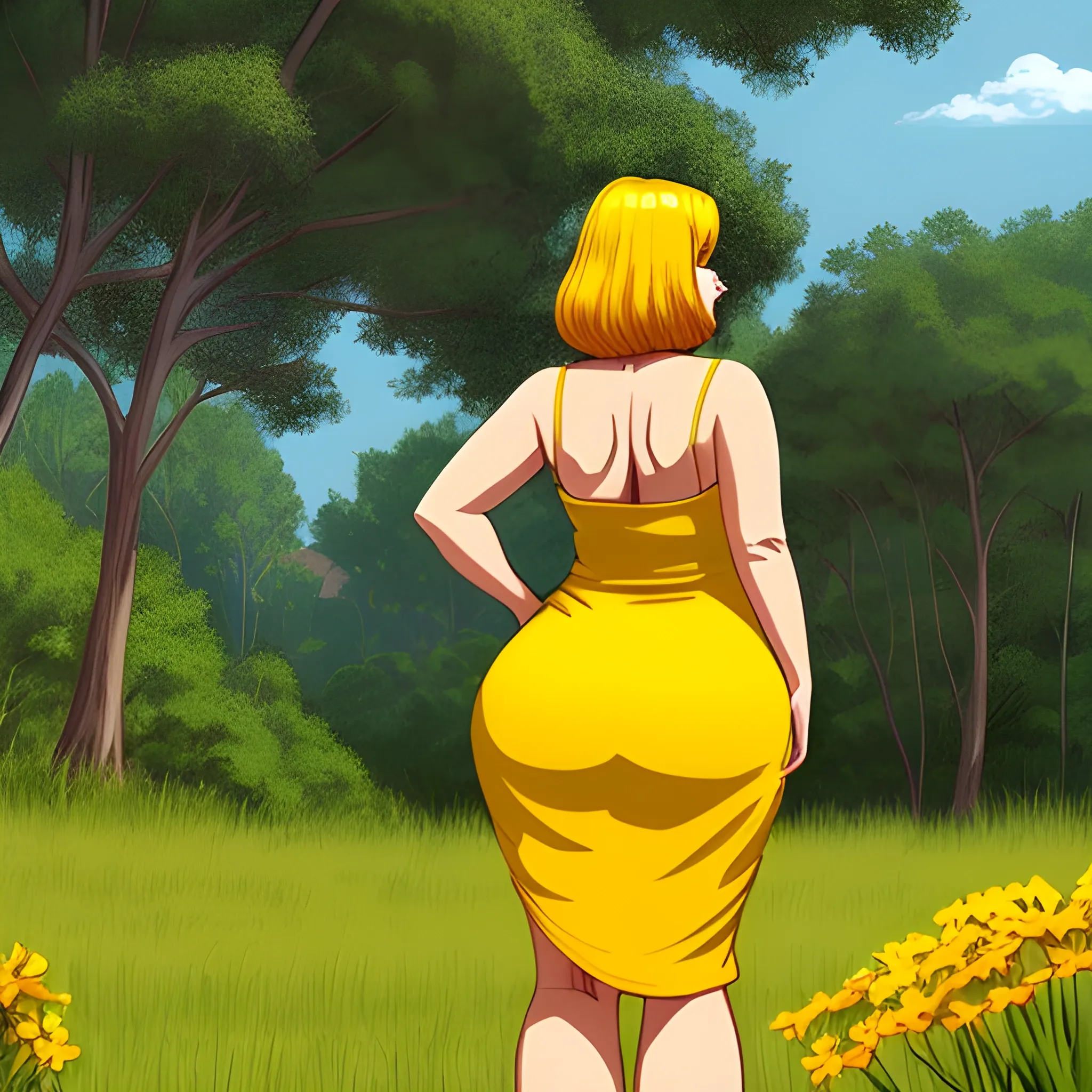 A back view of a 43 years old woman with incredibly wide hips and thick legs with a wooden back ground in a sun yellow sun dress 
,, Cartoon