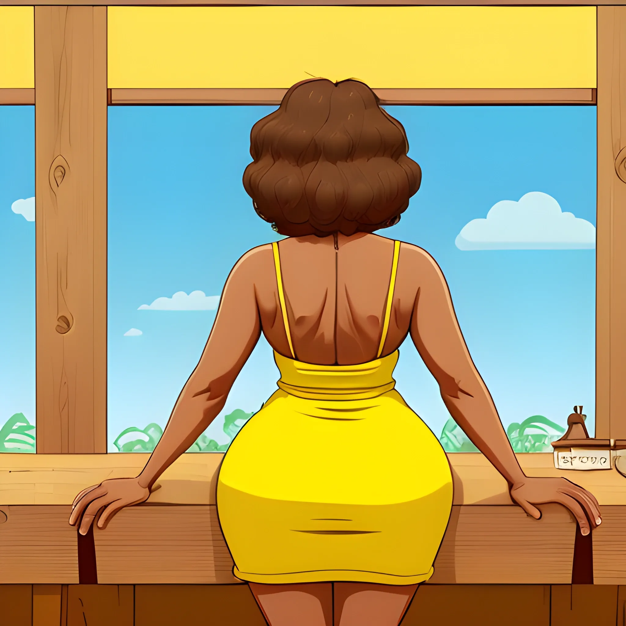 A back view of a 43 years old woman with incredibly wide hips and thick legs with a wooden back ground in a sun yellow sun dress brown skin 
,, Cartoon