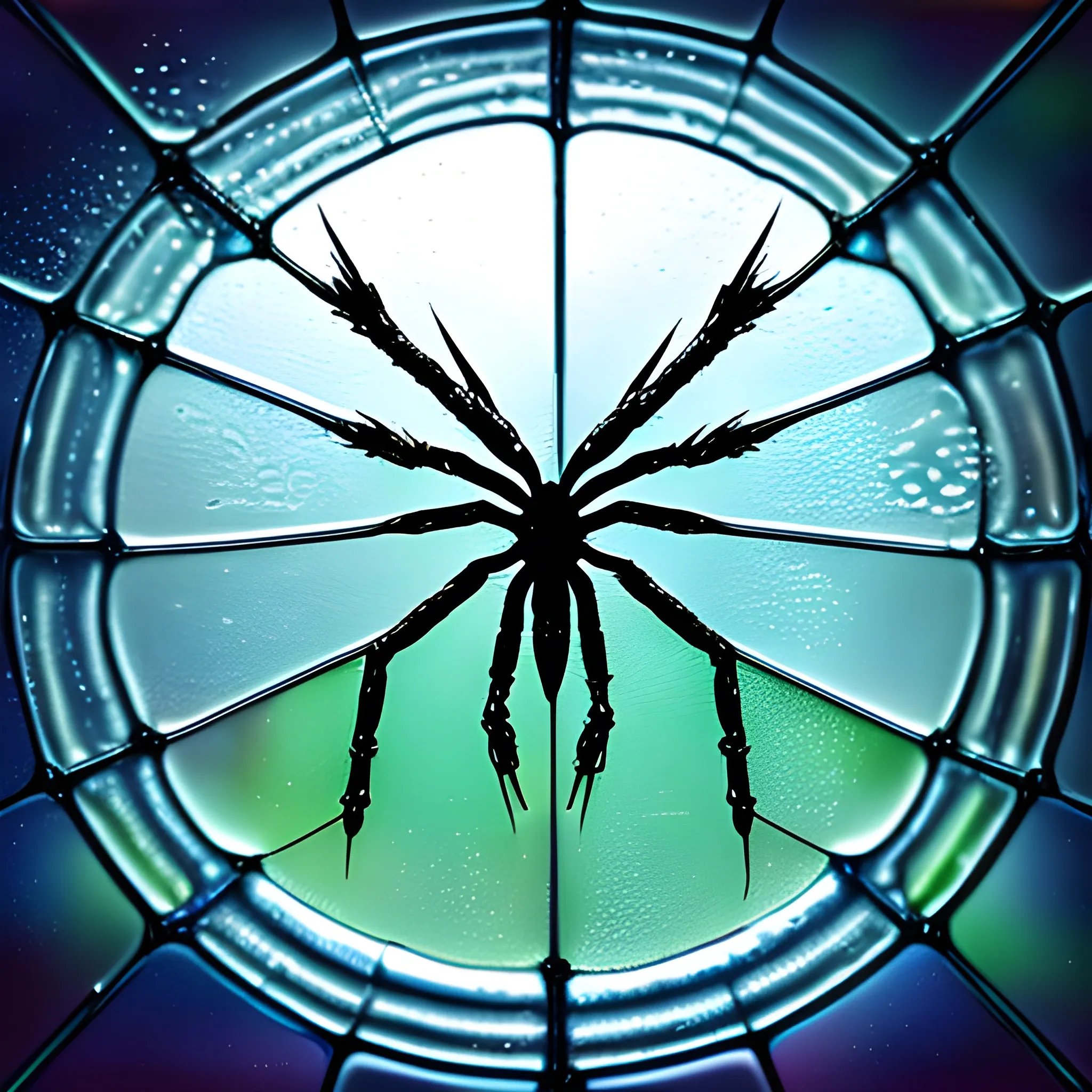 A photorealistic image of a glass window on a rainy, foggy day. The window is covered with water droplets. In the center, Spider with net shape is drawn  in a simple manner. The shape appears as if it is dripping water drops naturally, enhancing the realistic, natural feel of a rainy day. The background behind the glass shows the blurry, rainy scenery, contributing to the overall mood of the image The rainy and foggy background enhances the realistic feel of a rainy day, with the text clearly visible and centrally located on the window., Broken Glass effect, no background, stunning, something that even doesn't exist, mythical being, energy, molecular, textures, iridescent and luminescent scales, breathtaking beauty, pure perfection, divine presence, unforgettable, impressive, breathtaking beauty, Volumetric light, auras, rays, vivid colors reflects