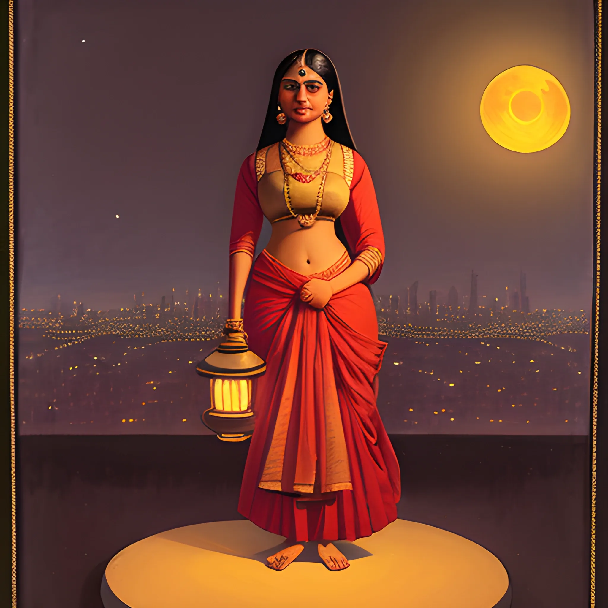 woman with lantern standing in front of the moonlit city, in the style of Raja Ravi Verma