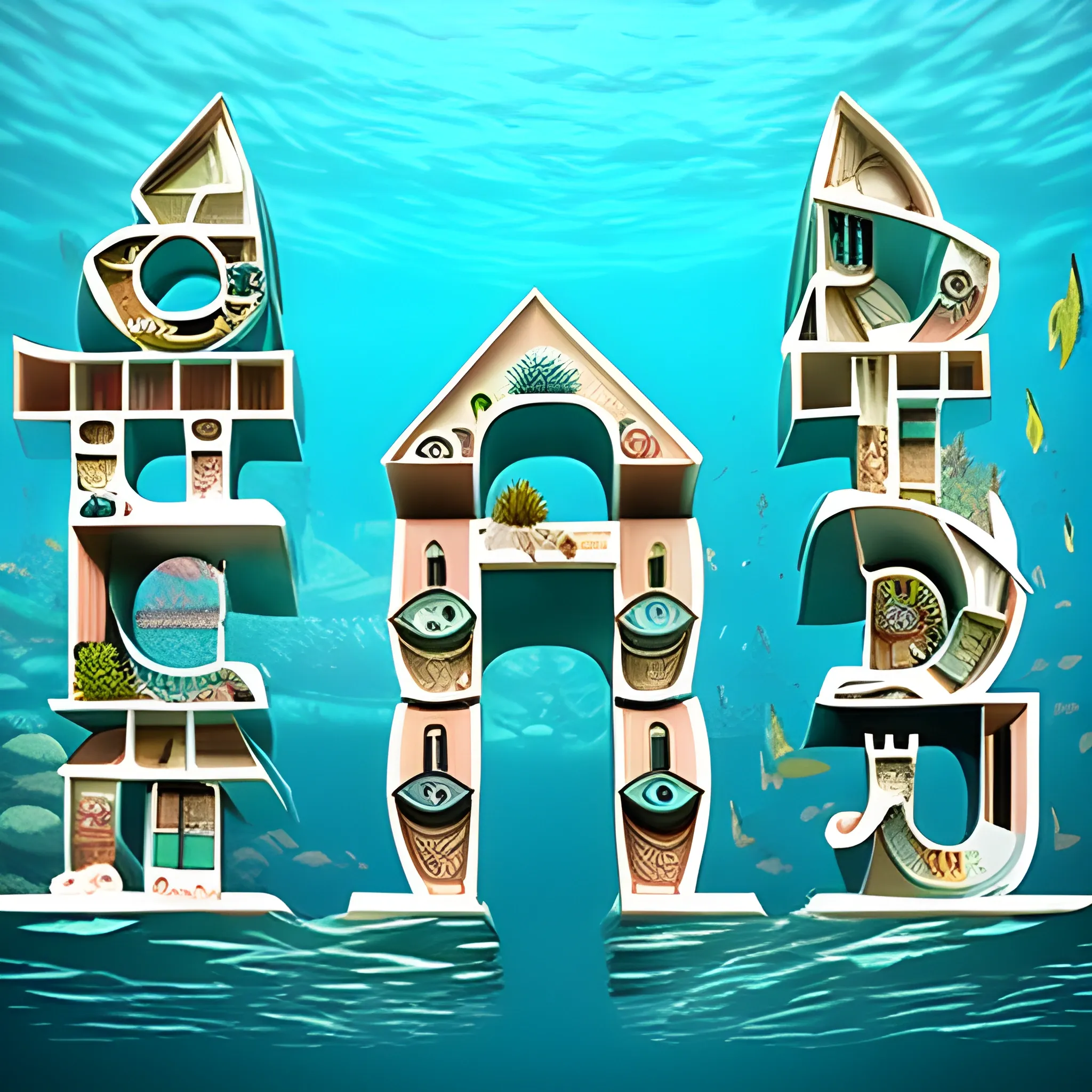 underwater world. fantastic. buildings in the form of letters.