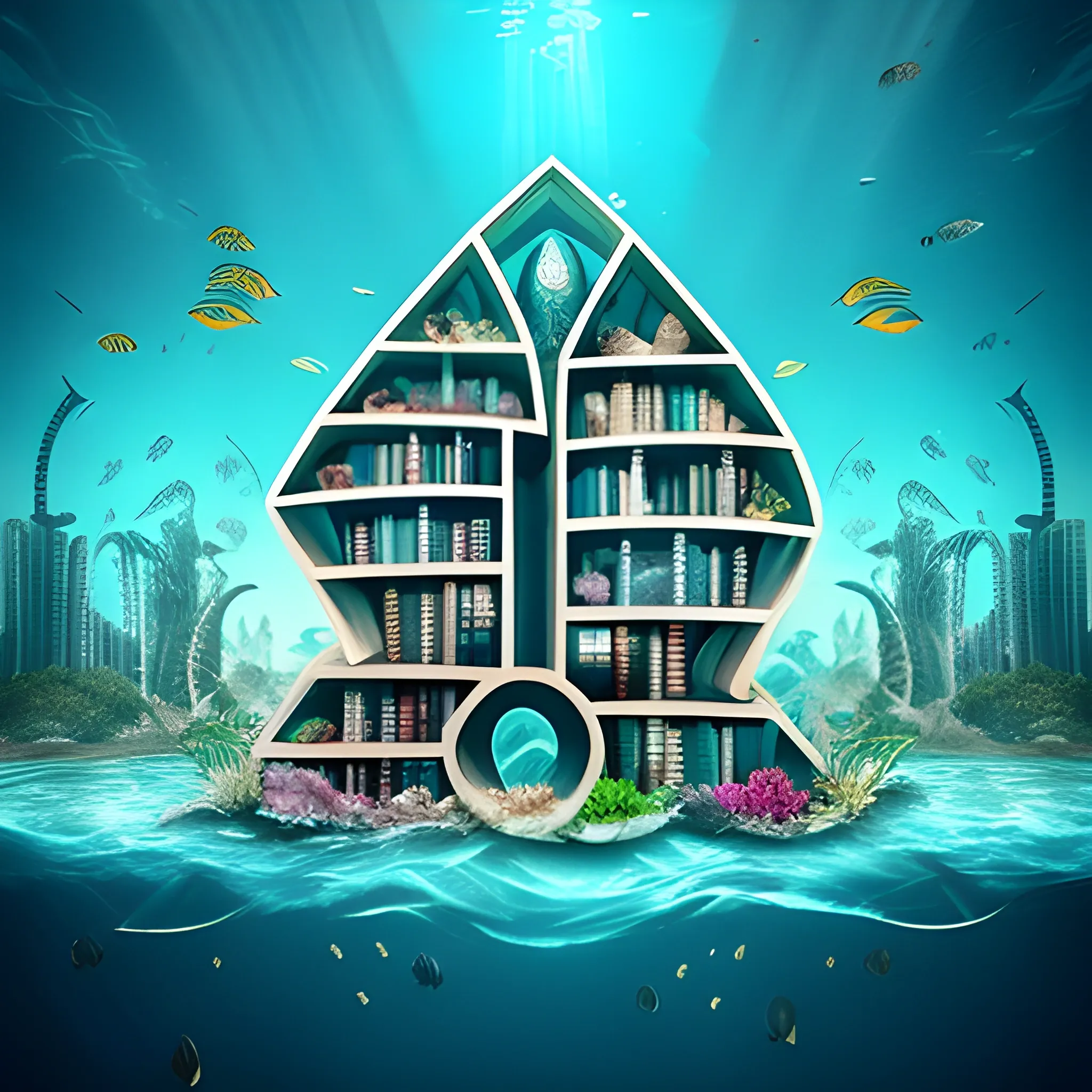 underwater world. fantastic. buildings in the form of letters. CINEMATIC
