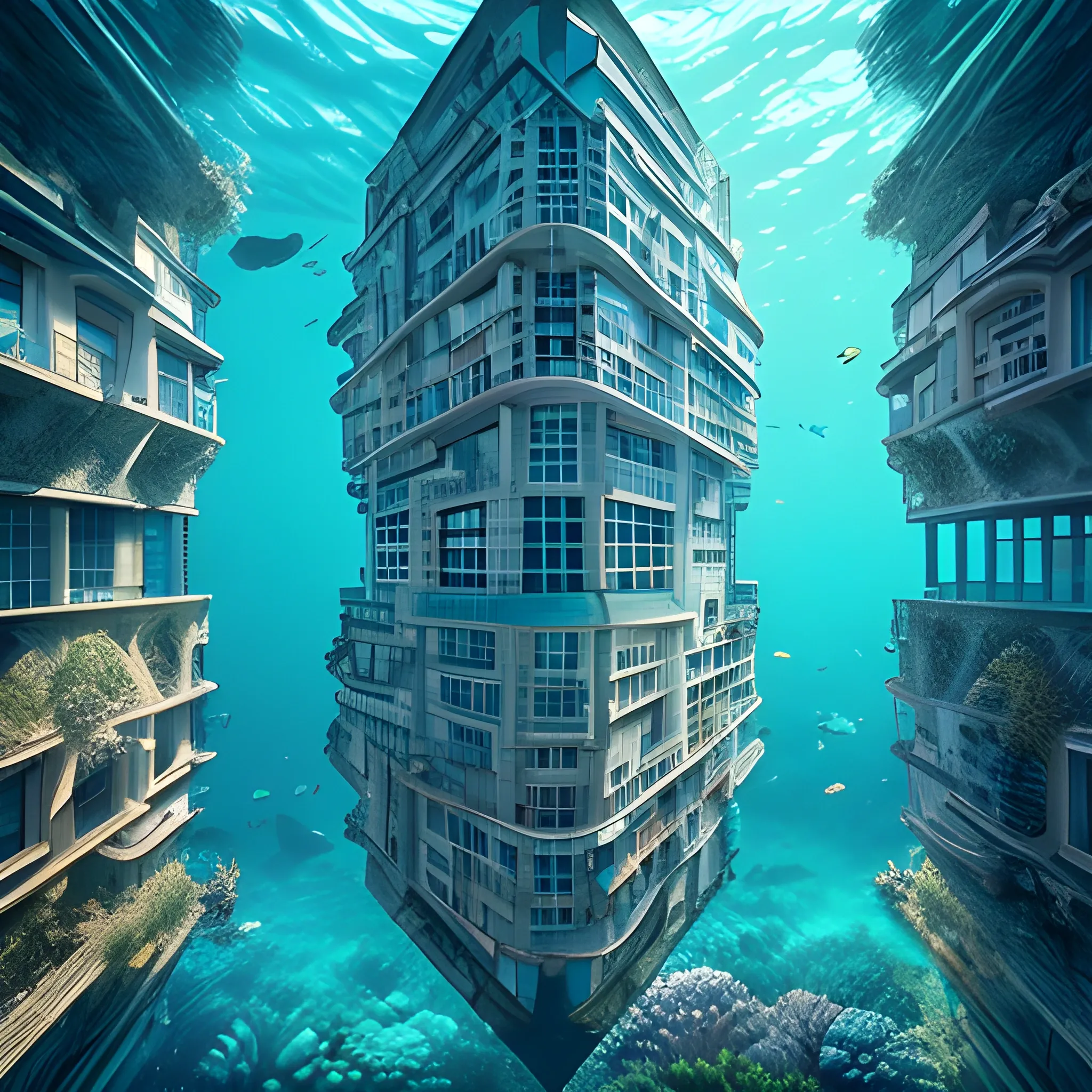 underwater world. fantastic. buildings in the form of letters. CINEMATIC.post production, post-processing, 8k
